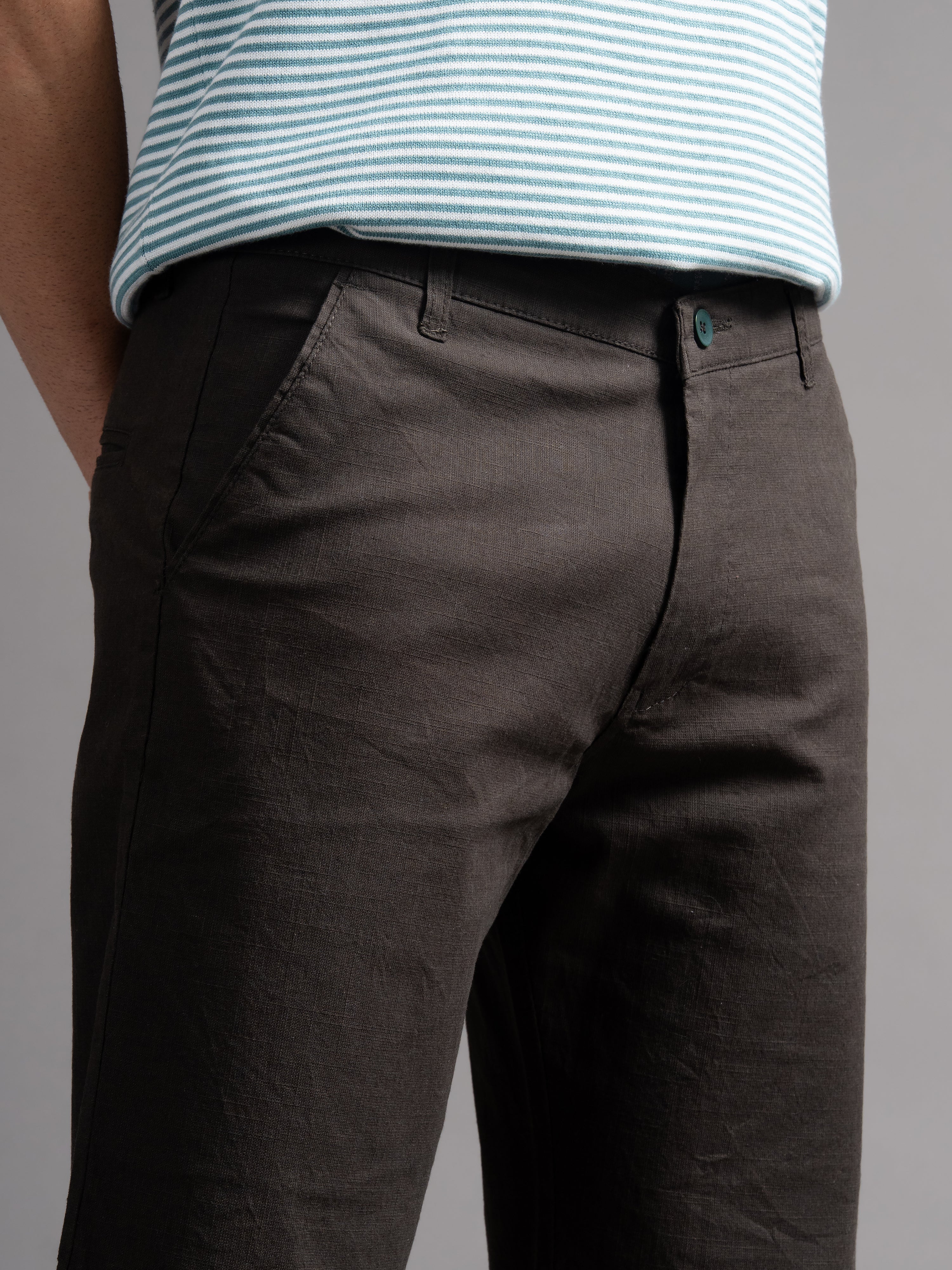 Men Solid Brown Linen Shorts