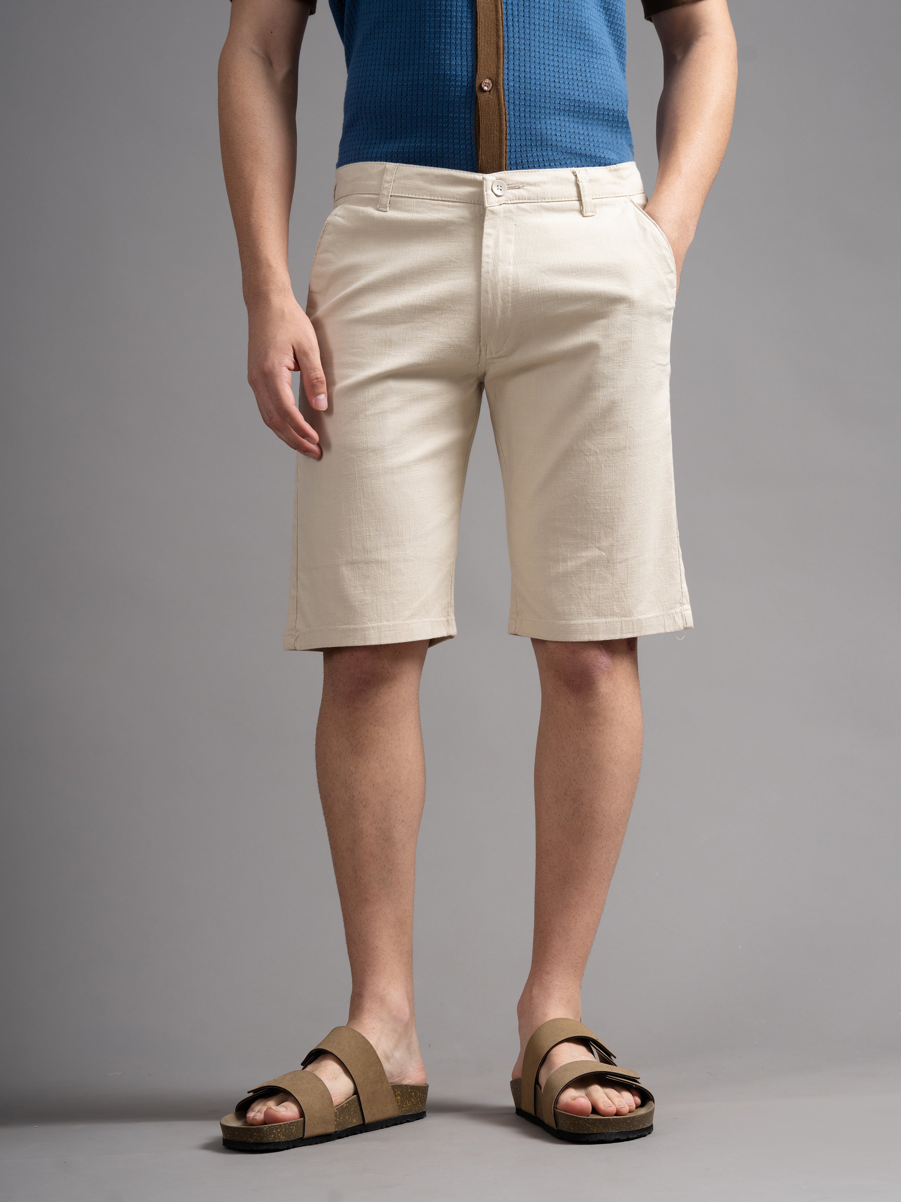 Men Solid Cream Linen Shorts