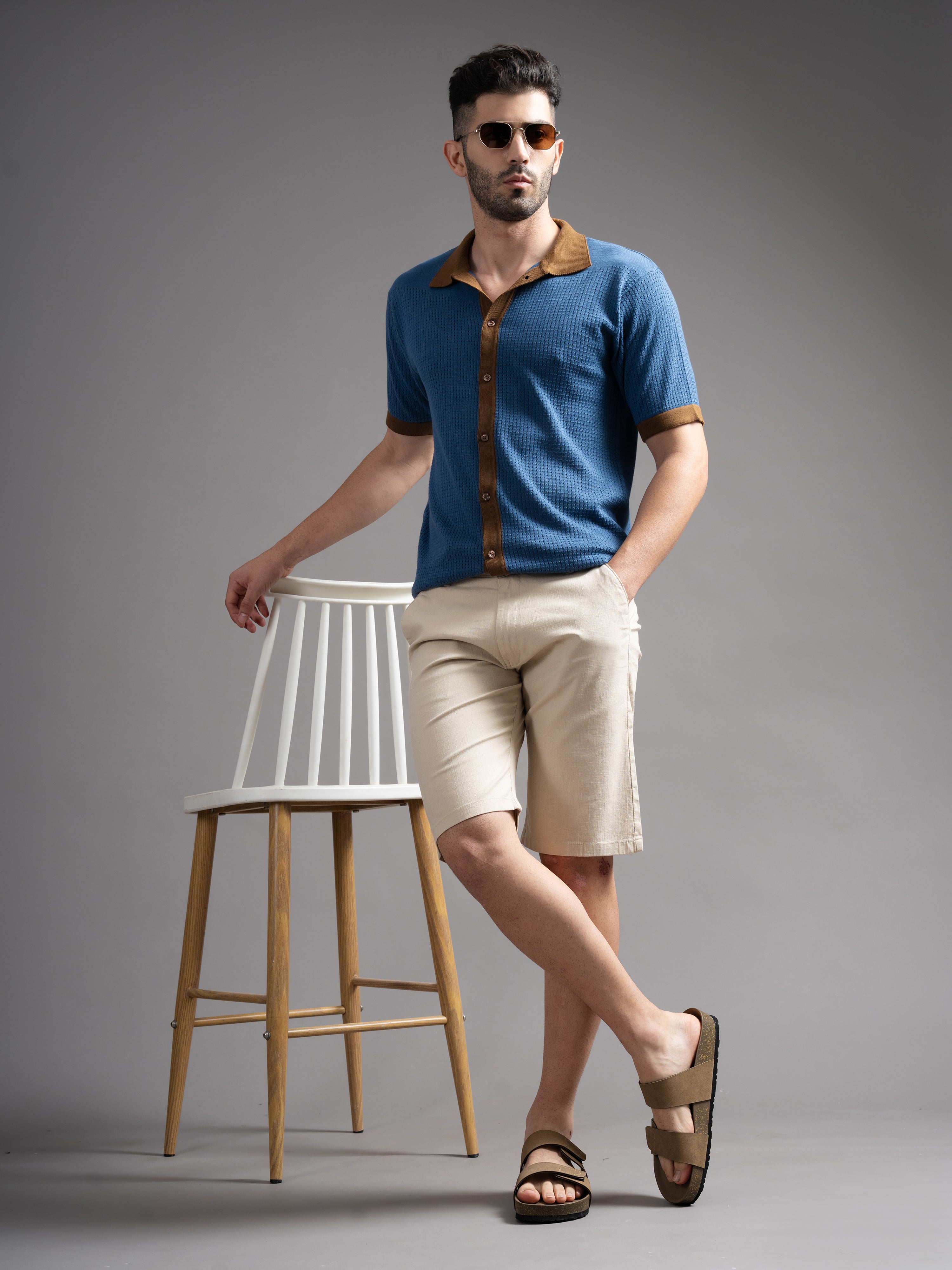 Men Solid Cream Linen Shorts
