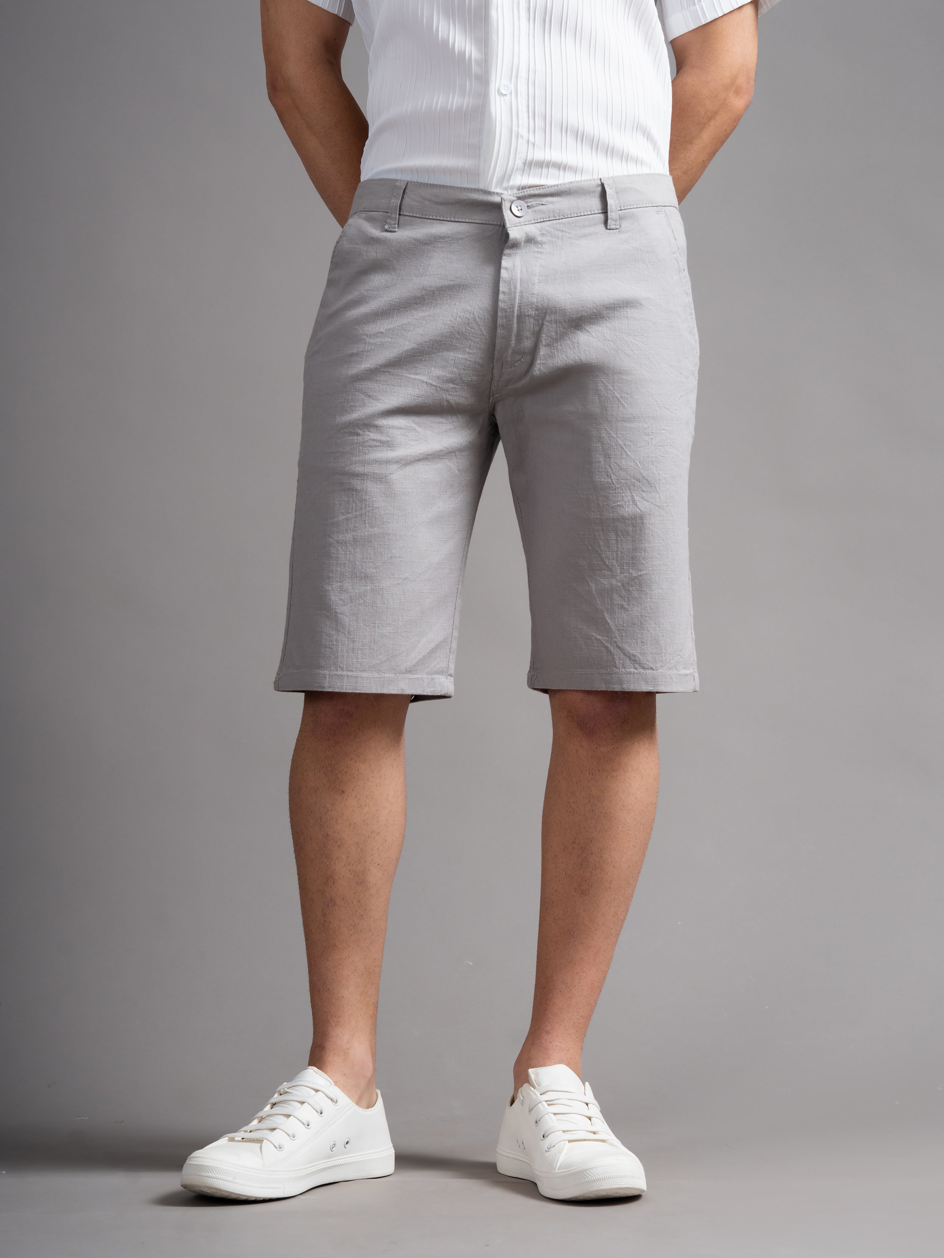 Men Solid Grey Linen Shorts