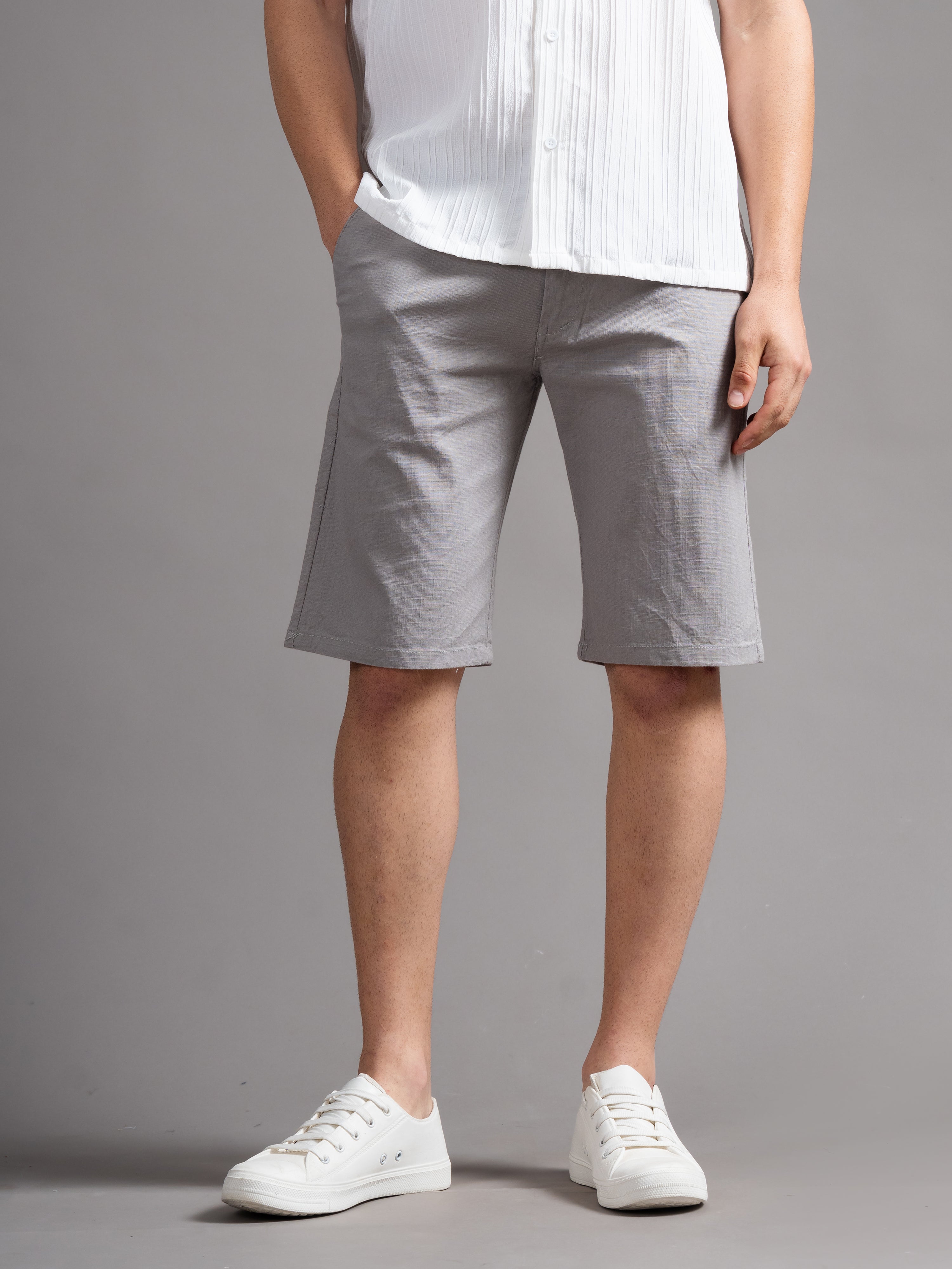 Men Solid Grey Linen Shorts