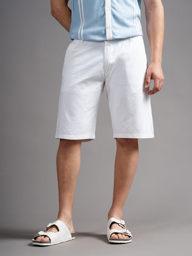 Men Solid White Linen Shorts