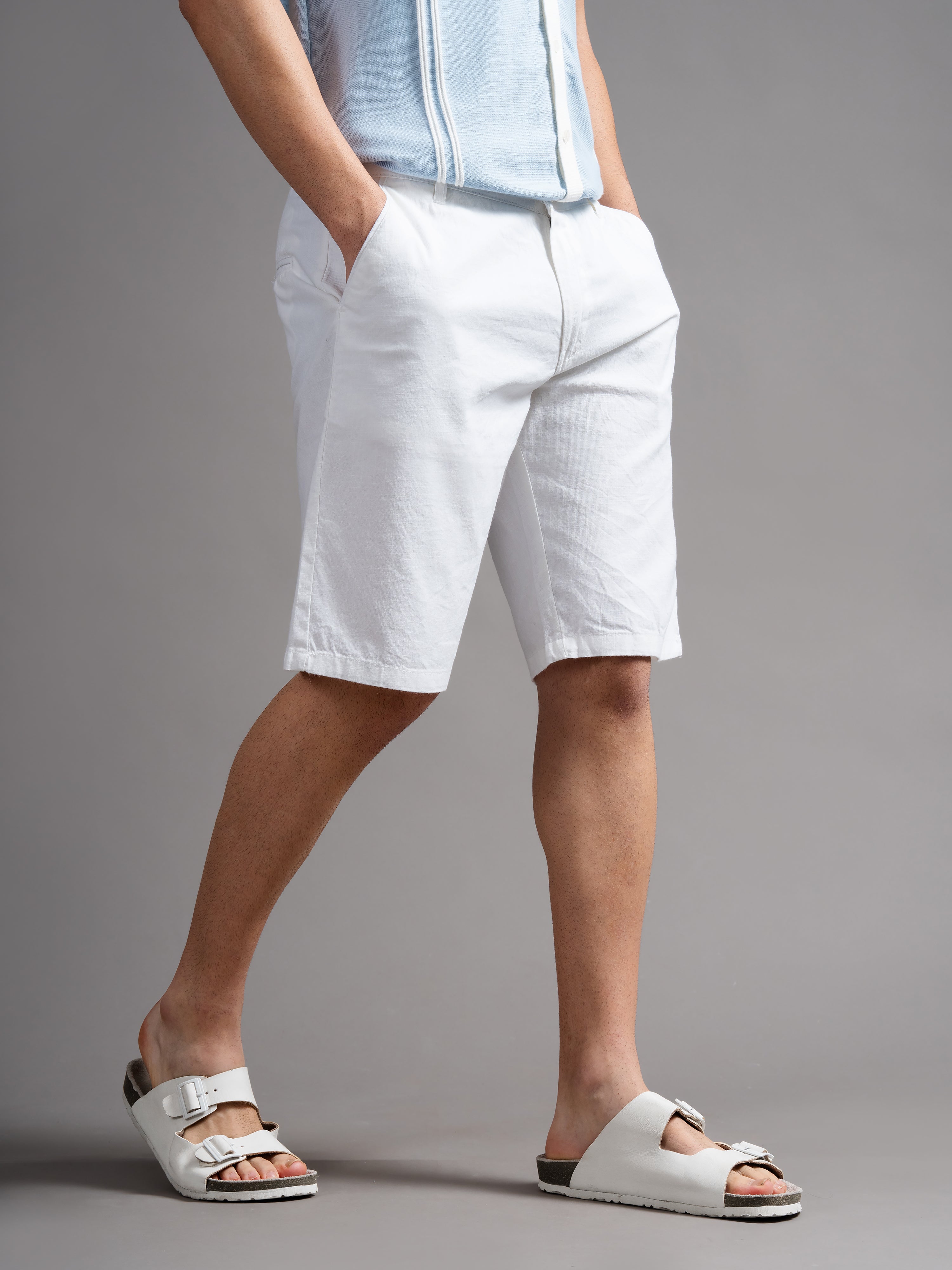 Men Solid White Linen Shorts