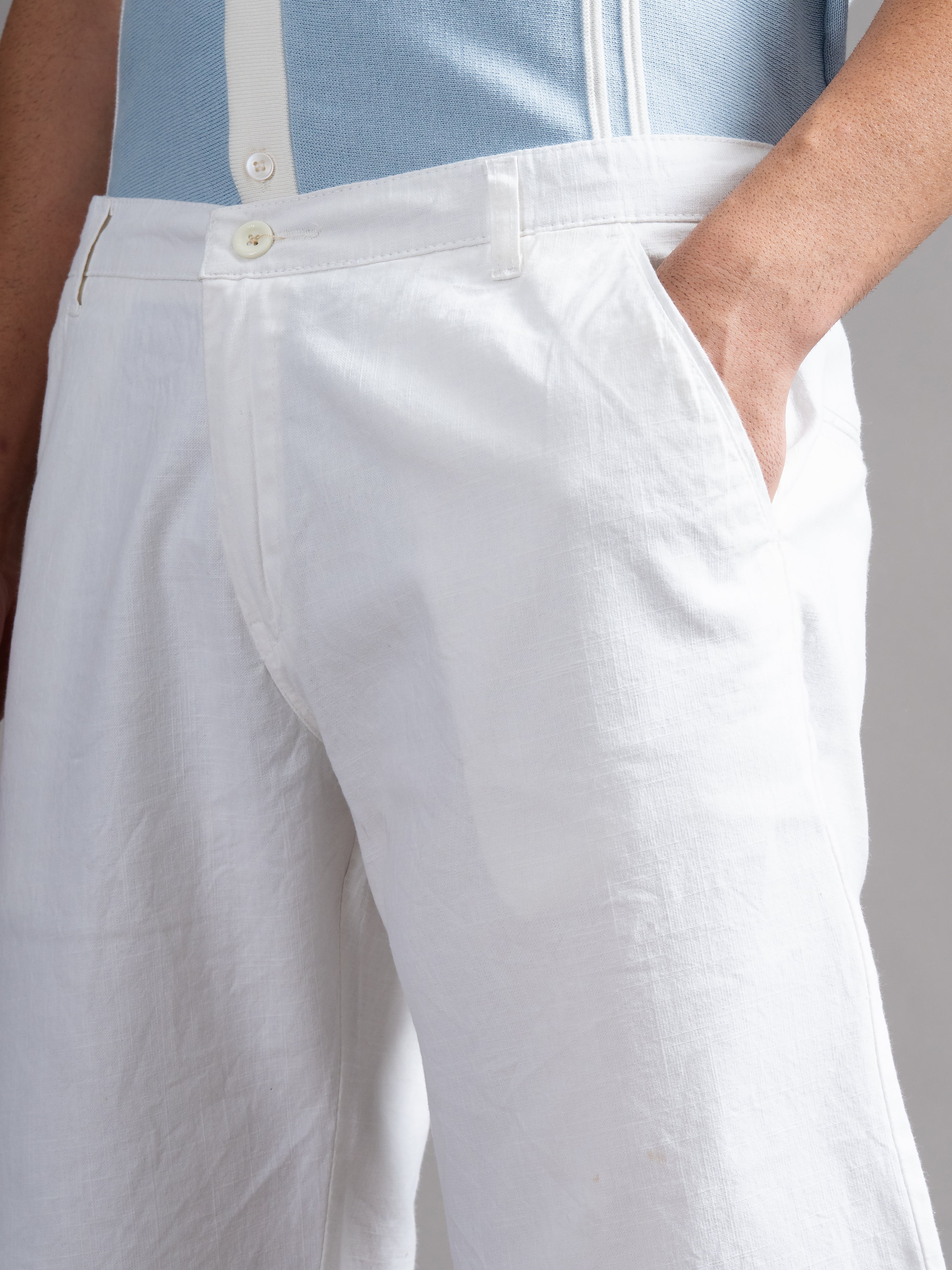 Men Solid White Linen Shorts