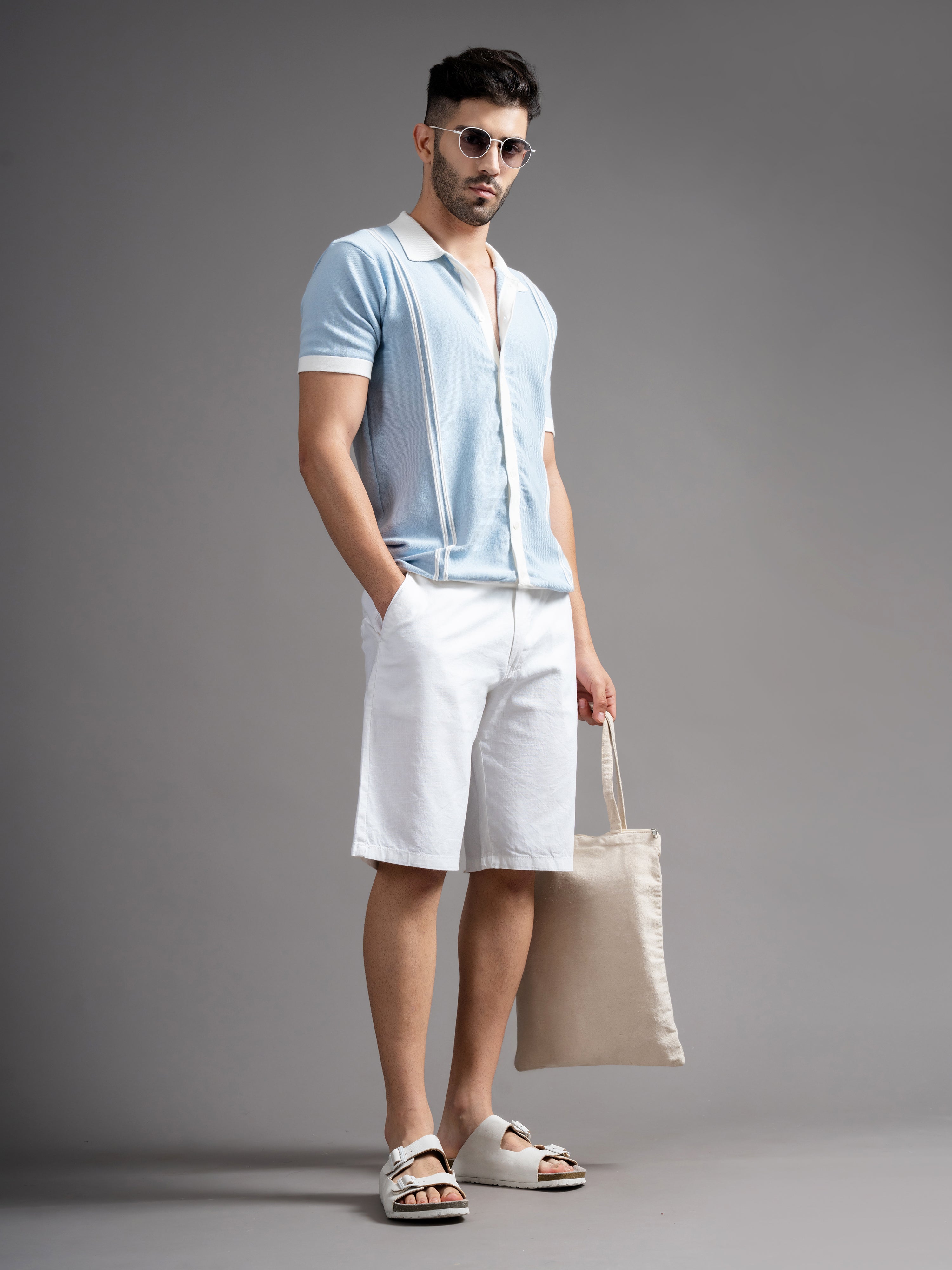 Men Solid White Linen Shorts