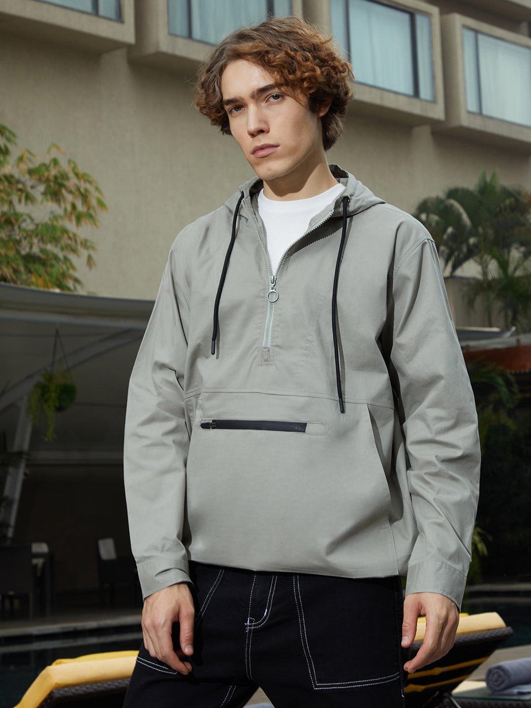 Men Coin Grey Half-Zip Utility Jacket