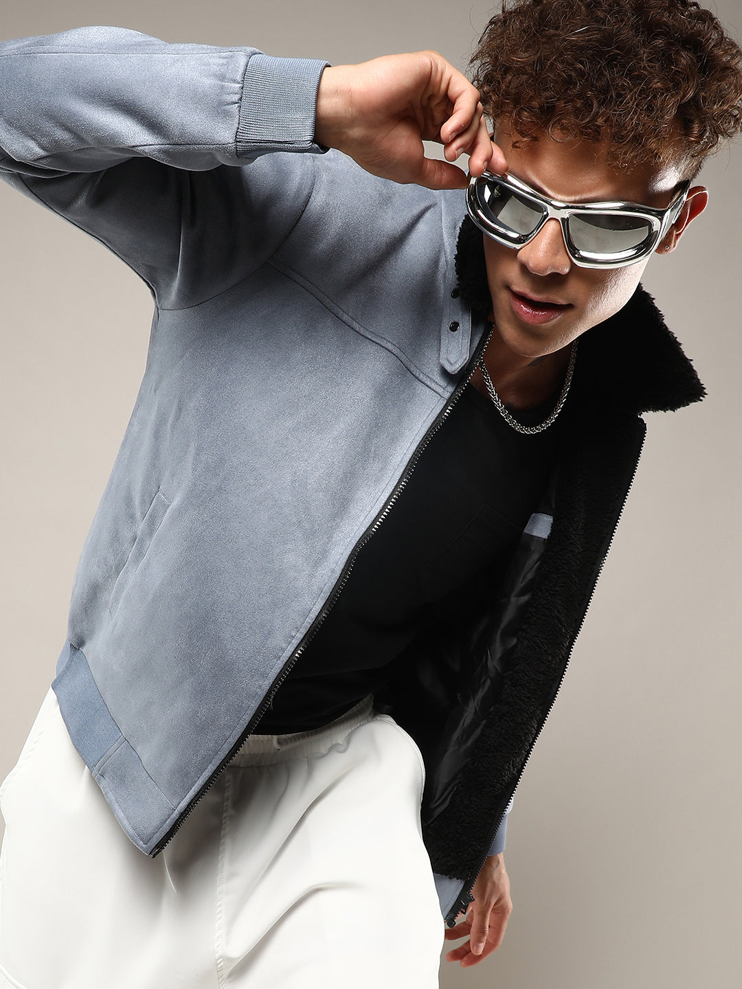 Men Grey Zip-Front Jacket With Fleece Detail