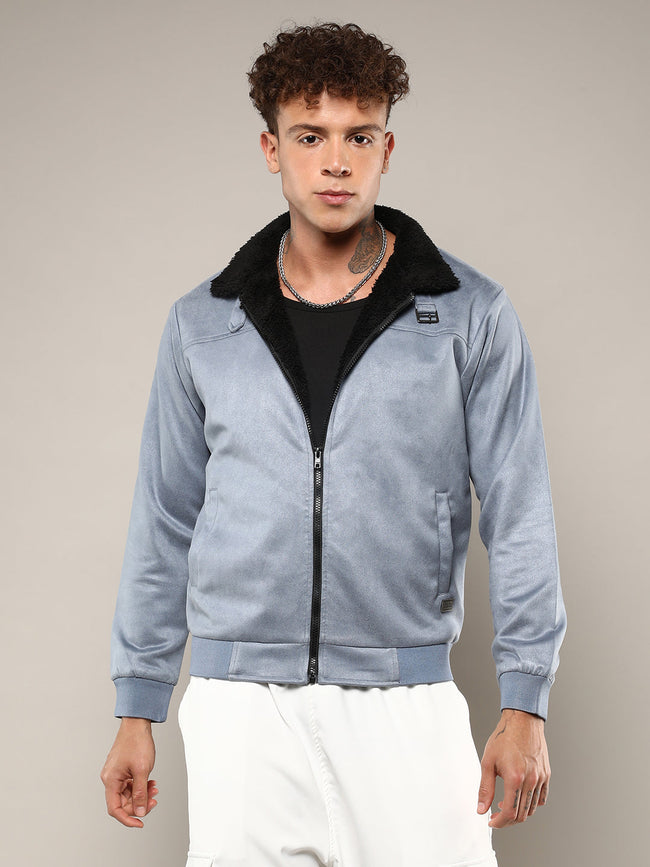 Men Grey Zip-Front Jacket With Fleece Detail