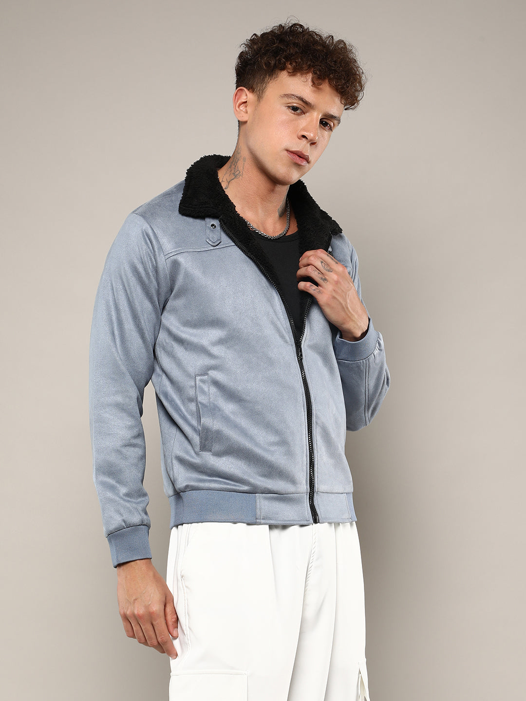 Men Grey Zip-Front Jacket With Fleece Detail