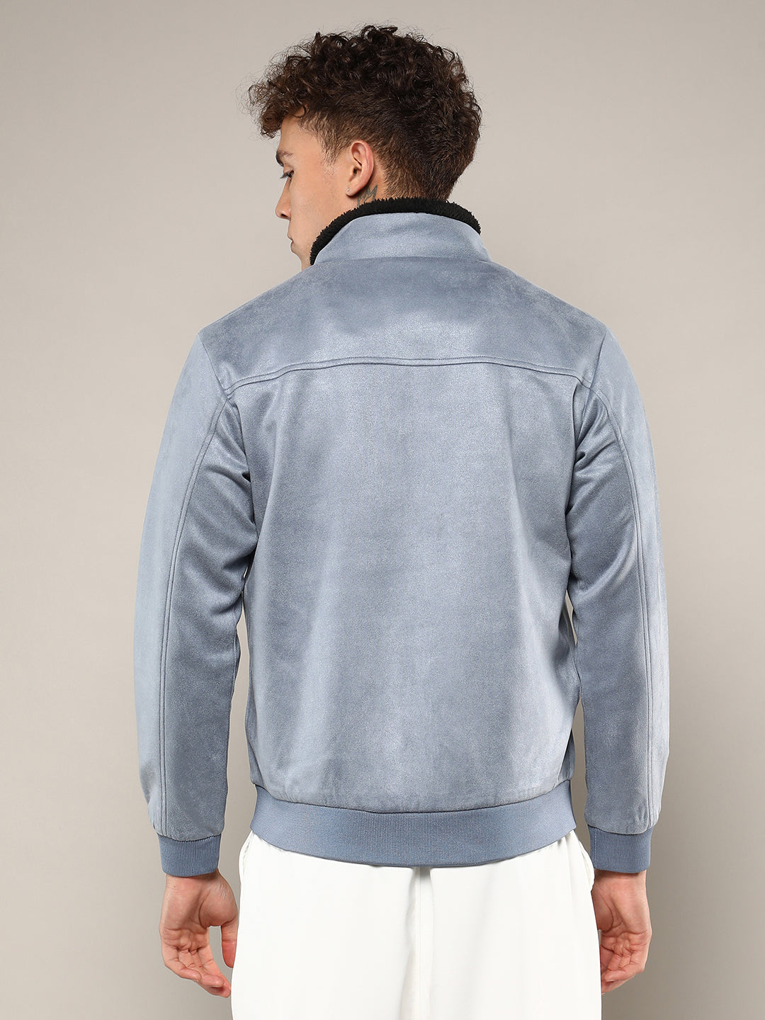 Men Grey Zip-Front Jacket With Fleece Detail