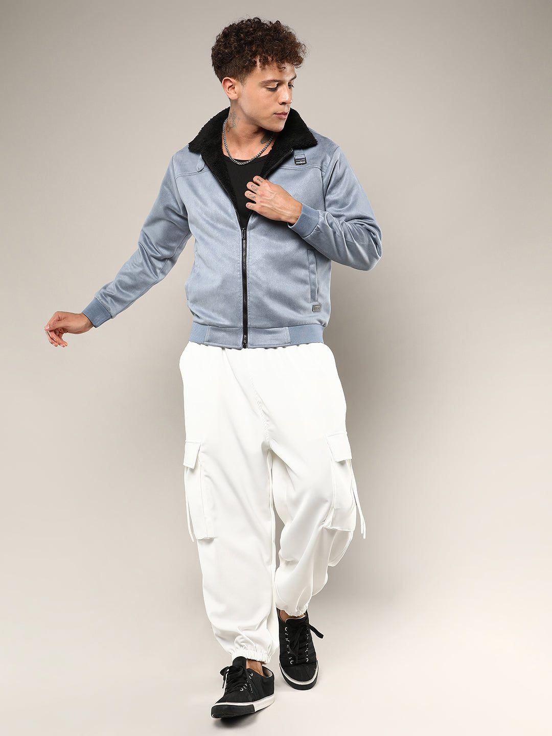 Men Grey Zip-Front Jacket With Fleece Detail