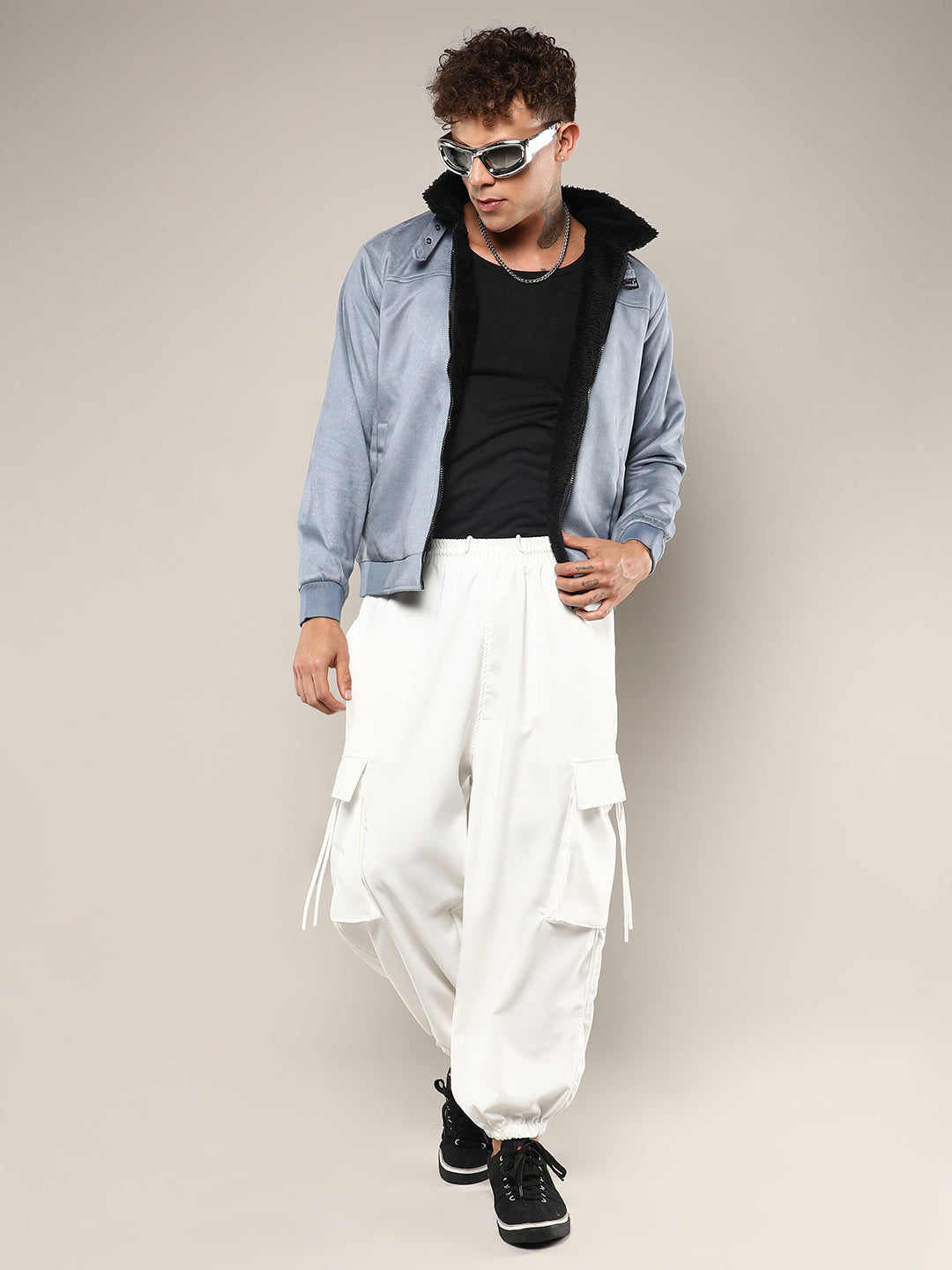 Men Grey Zip-Front Jacket With Fleece Detail