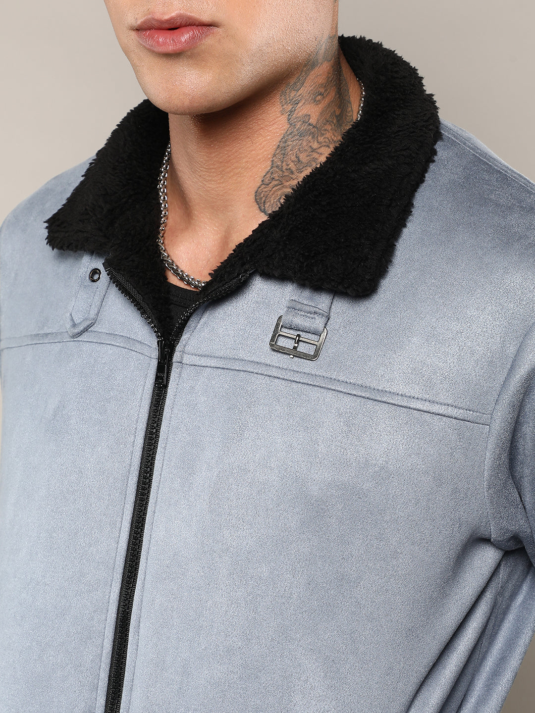 Men Grey Zip-Front Jacket With Fleece Detail