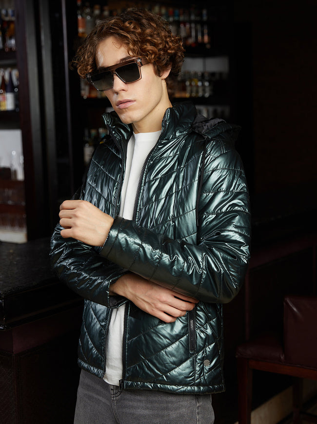 Men Jungle Green Metallic Zip-Front Quilted Jacket