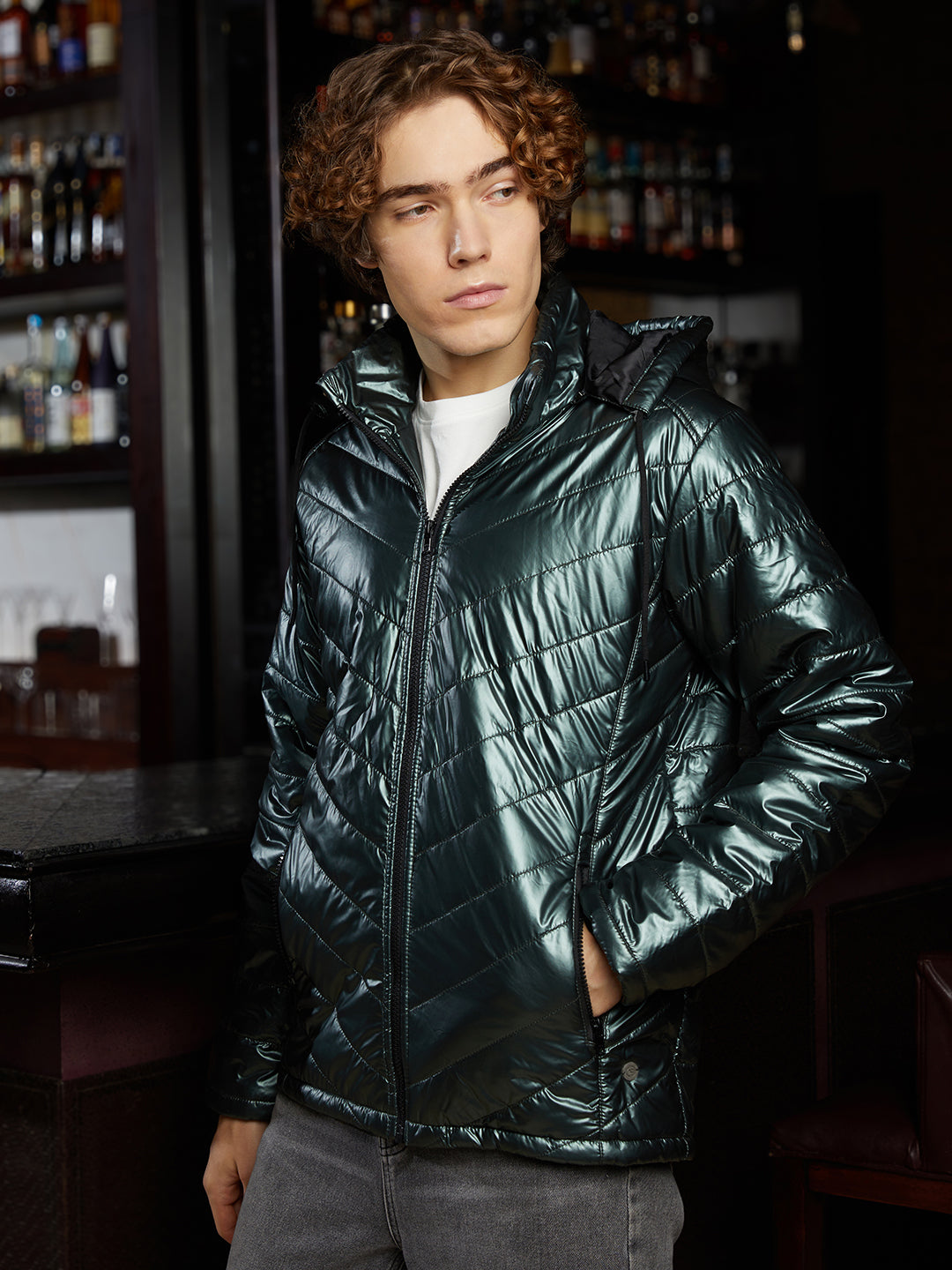 Men Jungle Green Metallic Zip-Front Quilted Jacket