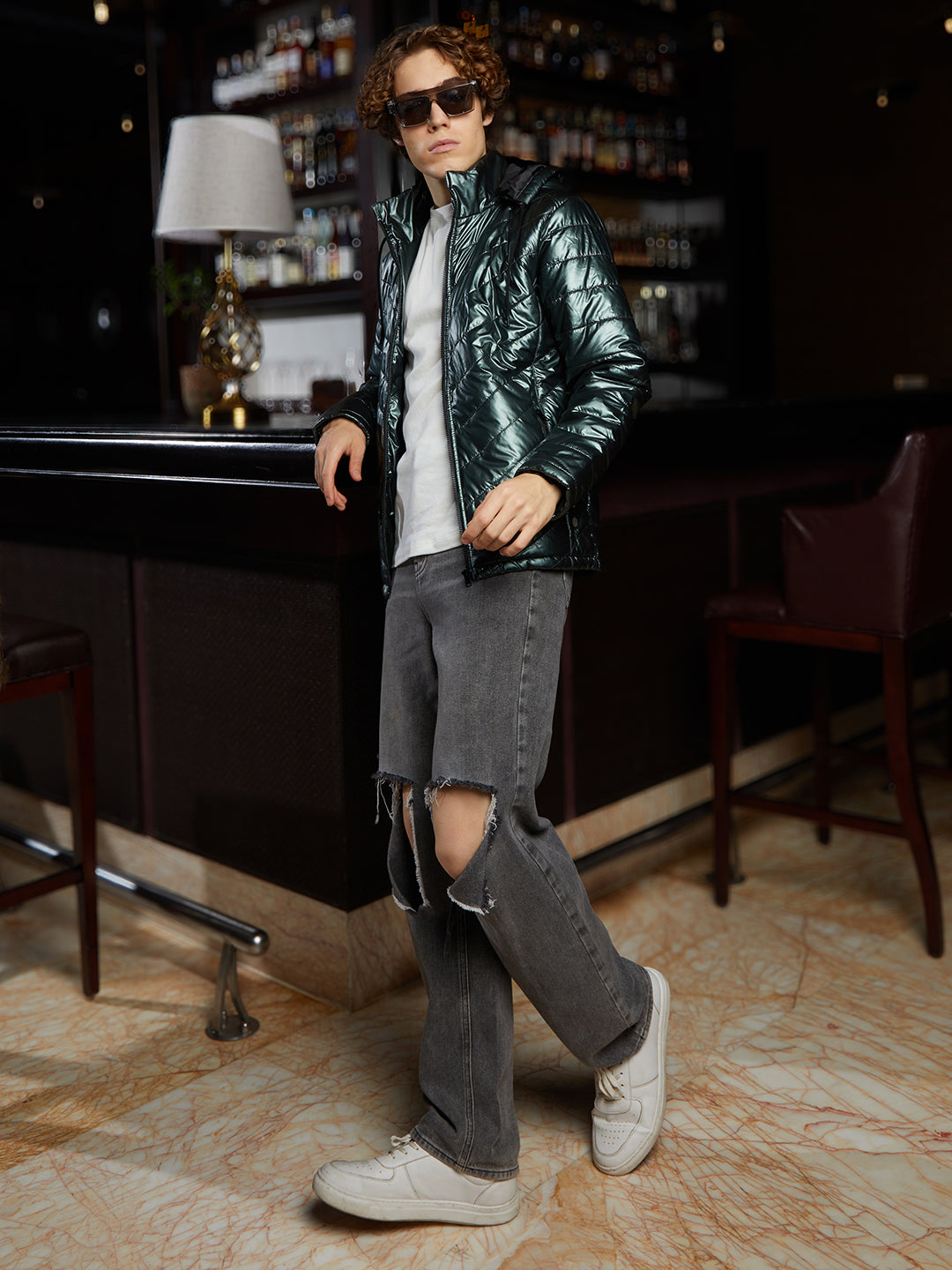 Men Jungle Green Metallic Zip-Front Quilted Jacket