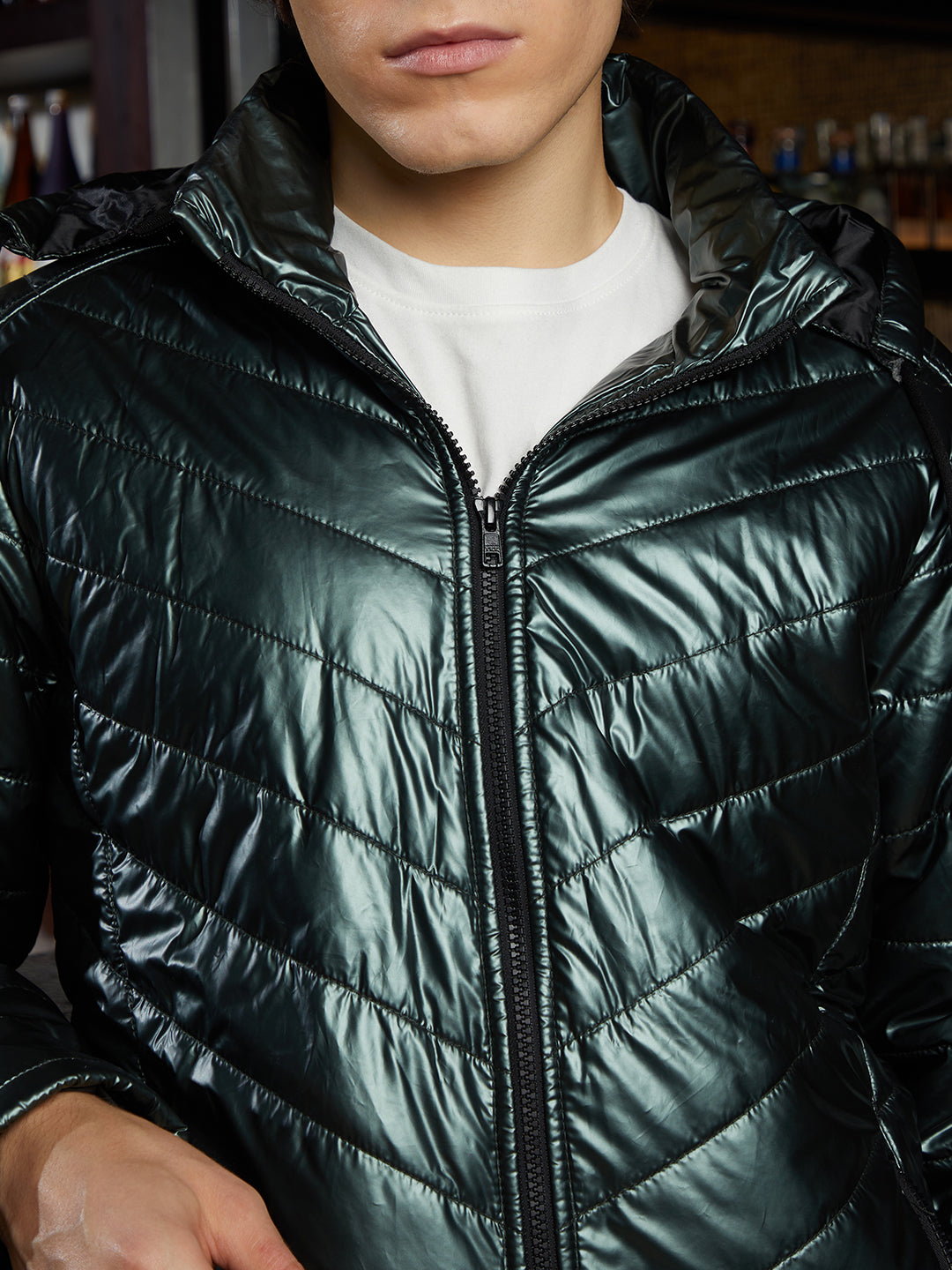 Men Jungle Green Metallic Zip-Front Quilted Jacket