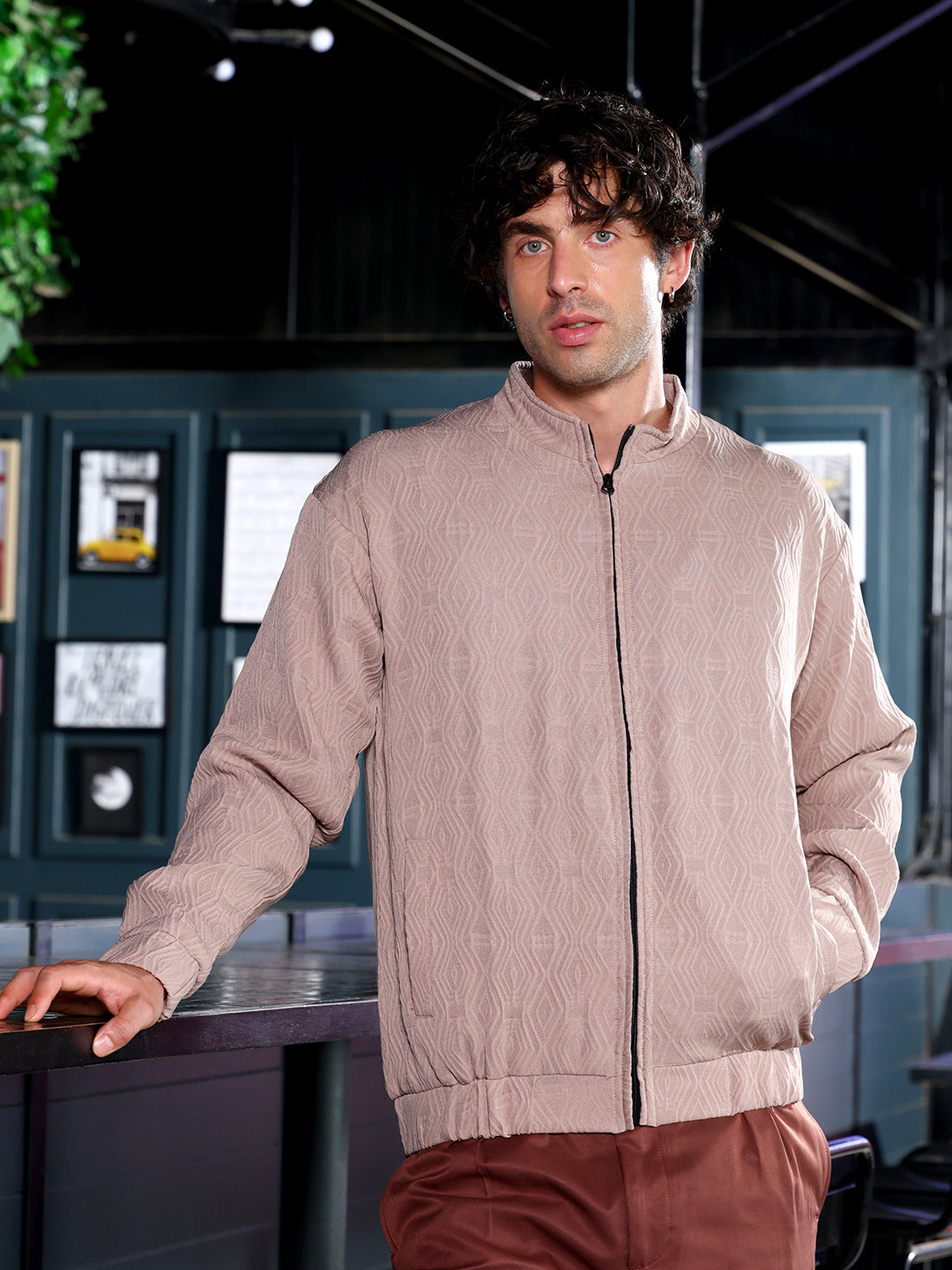 Men Sand Beige Illuminator-Tactile Bomber Jacket