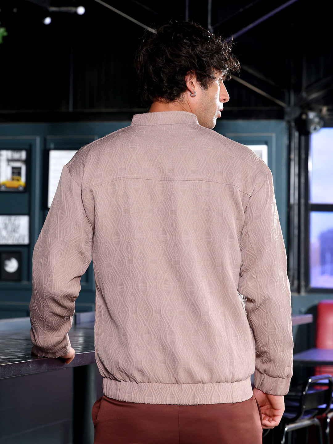 Men Sand Beige Illuminator-Tactile Bomber Jacket