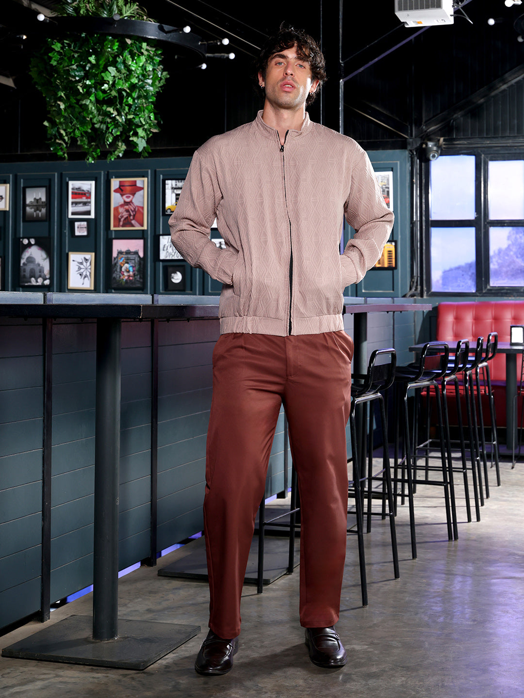 Men Sand Beige Illuminator-Tactile Bomber Jacket