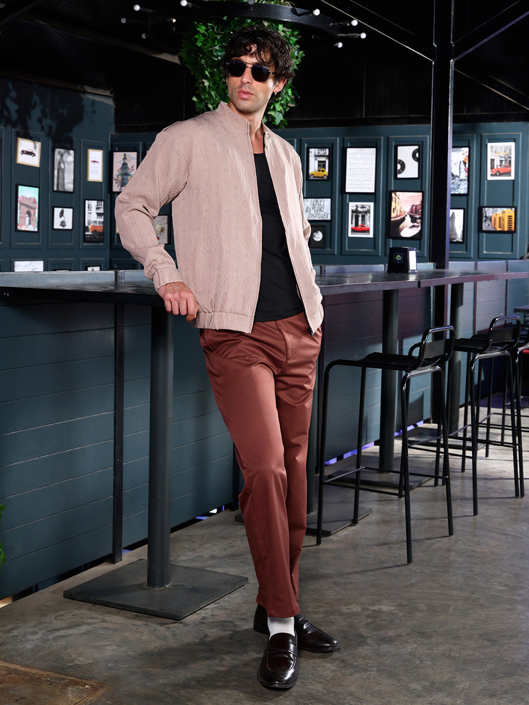 Men Sand Beige Illuminator-Tactile Bomber Jacket