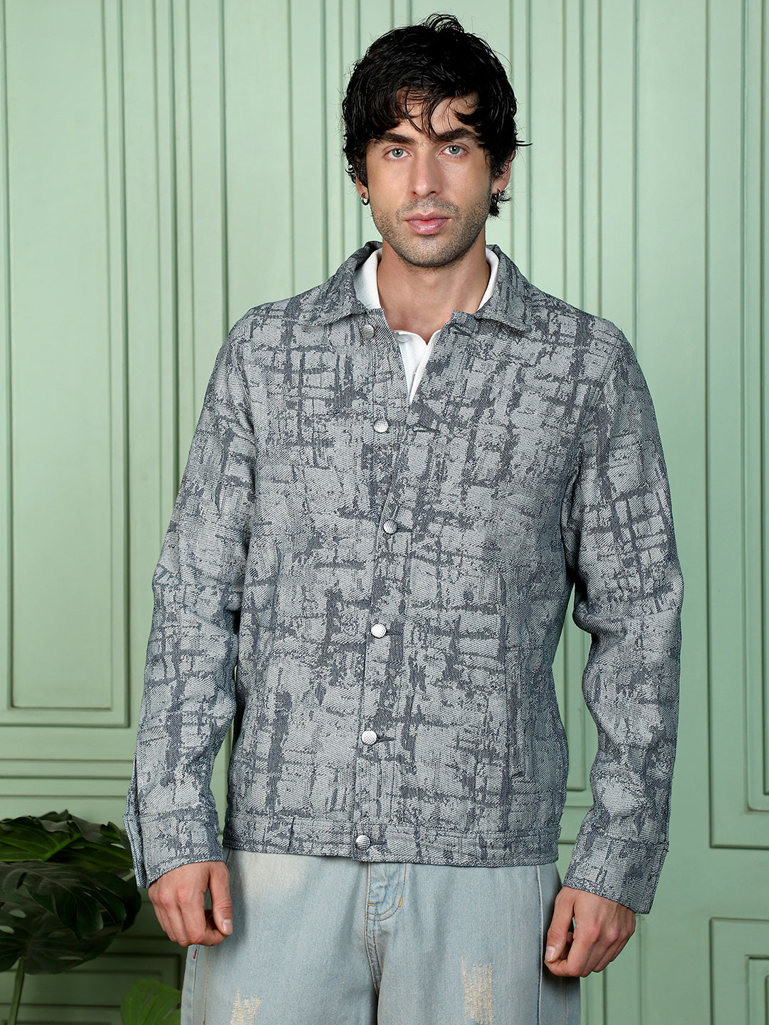 Men Navy Blue Abstract Jacquard-Denim Jacket