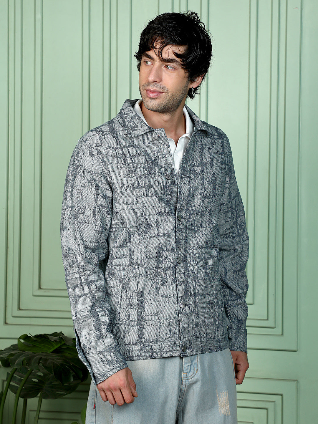 Men Navy Blue Abstract Jacquard-Denim Jacket