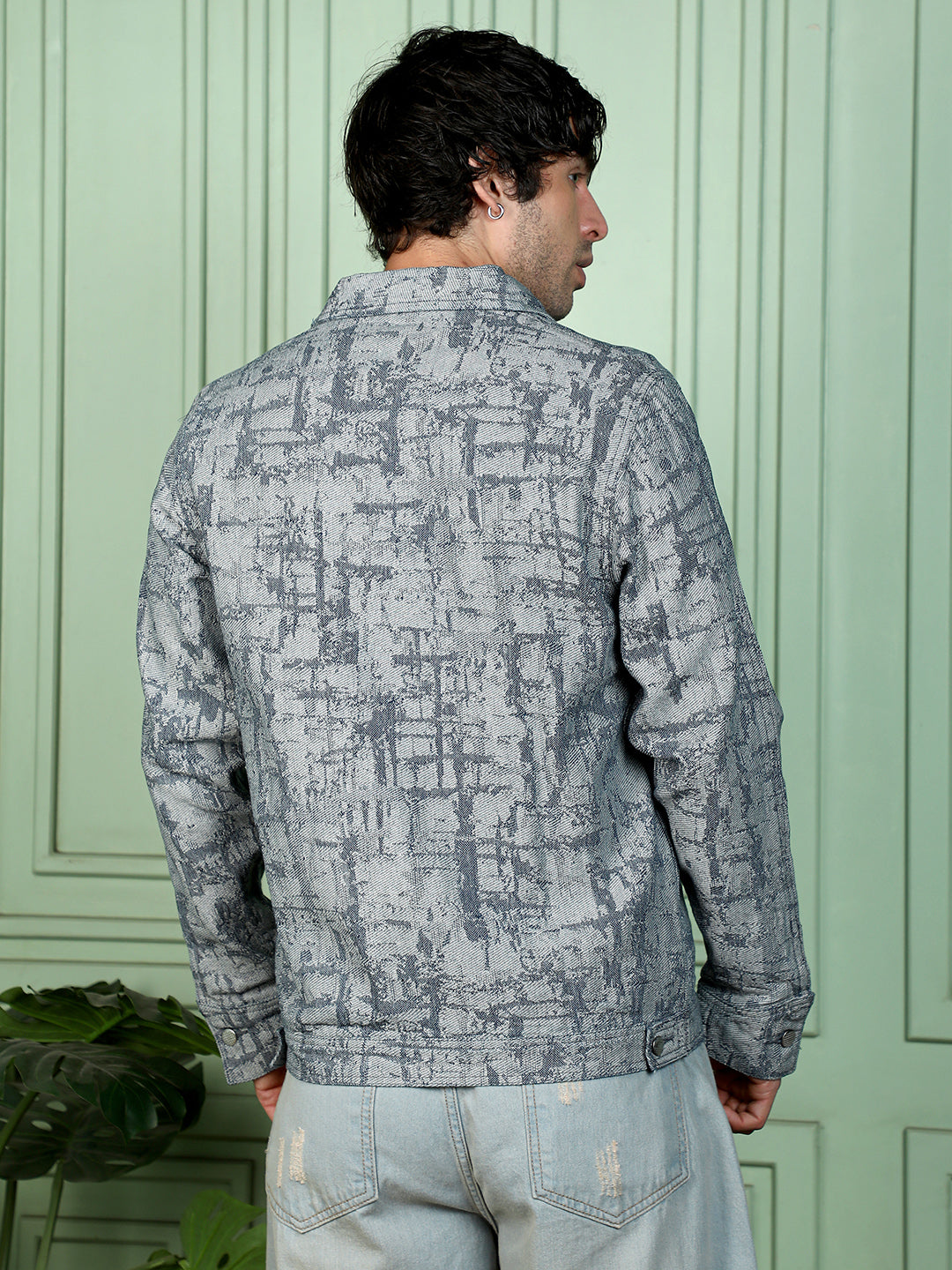 Men Navy Blue Abstract Jacquard-Denim Jacket
