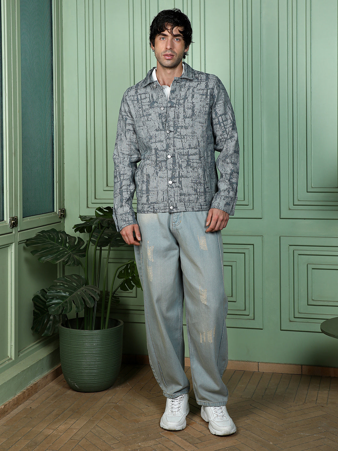 Men Navy Blue Abstract Jacquard-Denim Jacket