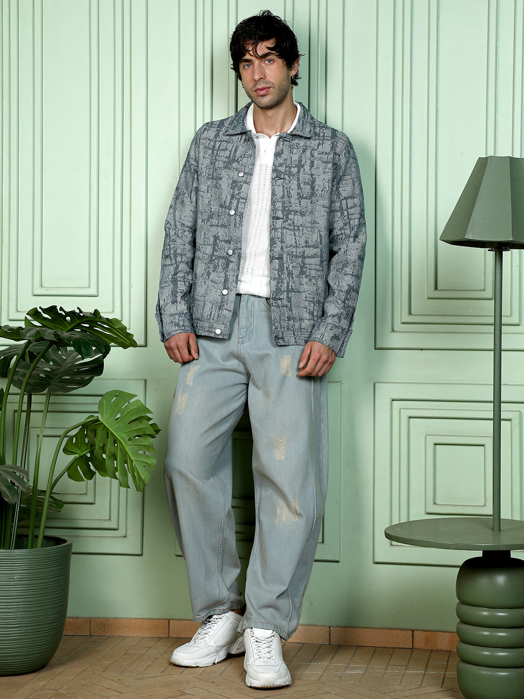Men Navy Blue Abstract Jacquard-Denim Jacket