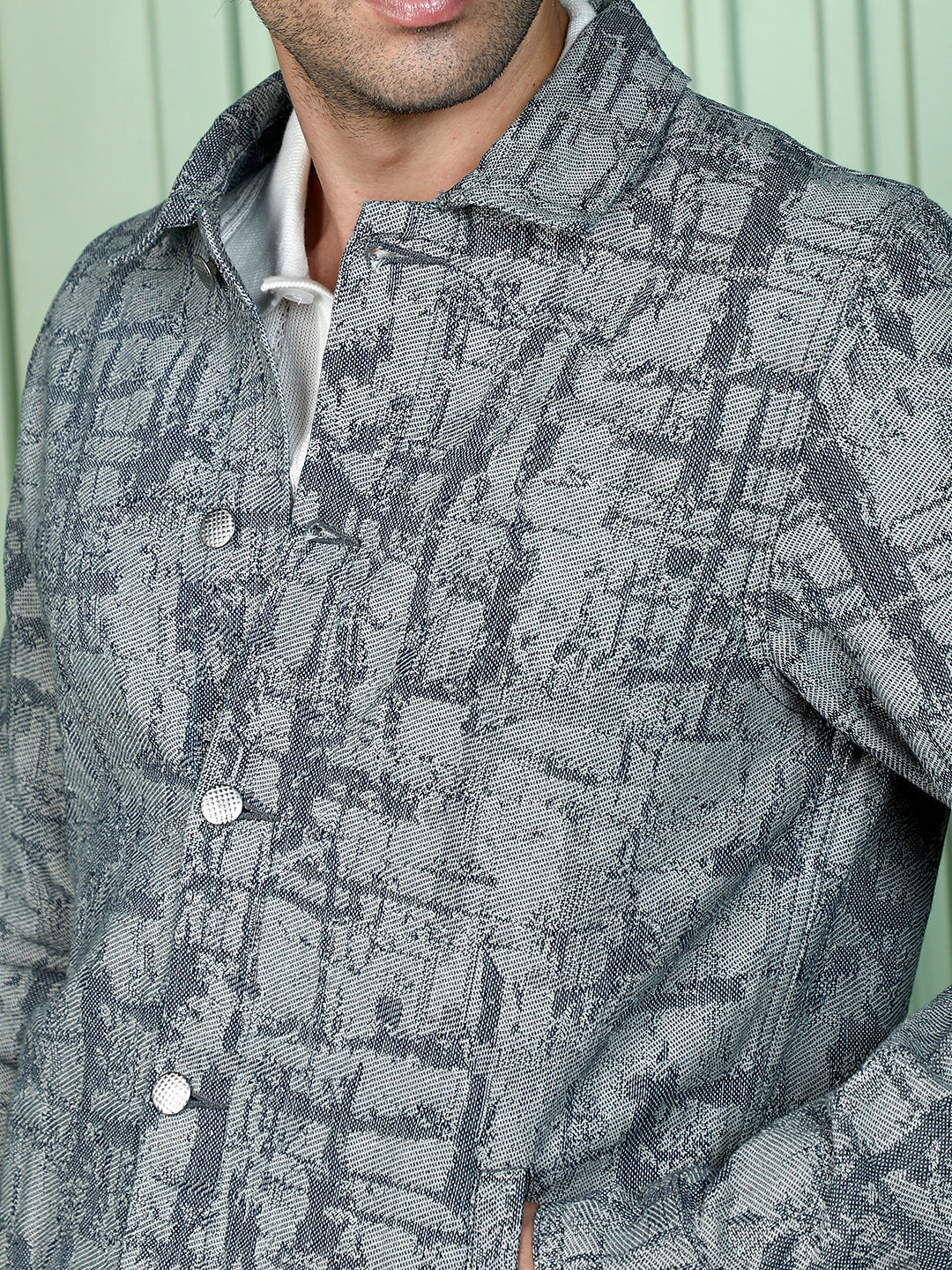 Men Navy Blue Abstract Jacquard-Denim Jacket