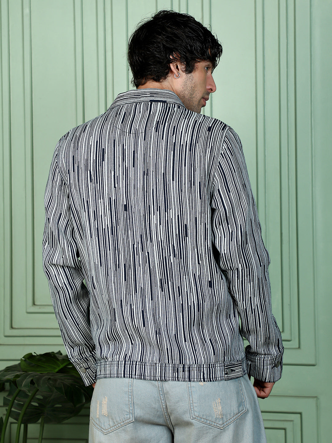 Men Navy Blue Abstract Jacquard-Denim Jacket