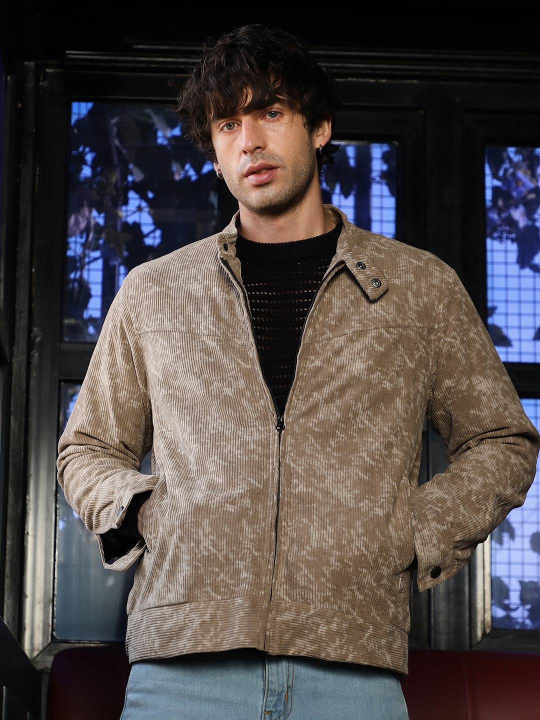 Men Mocha Brown Faded-Corduroy Rider Jacket