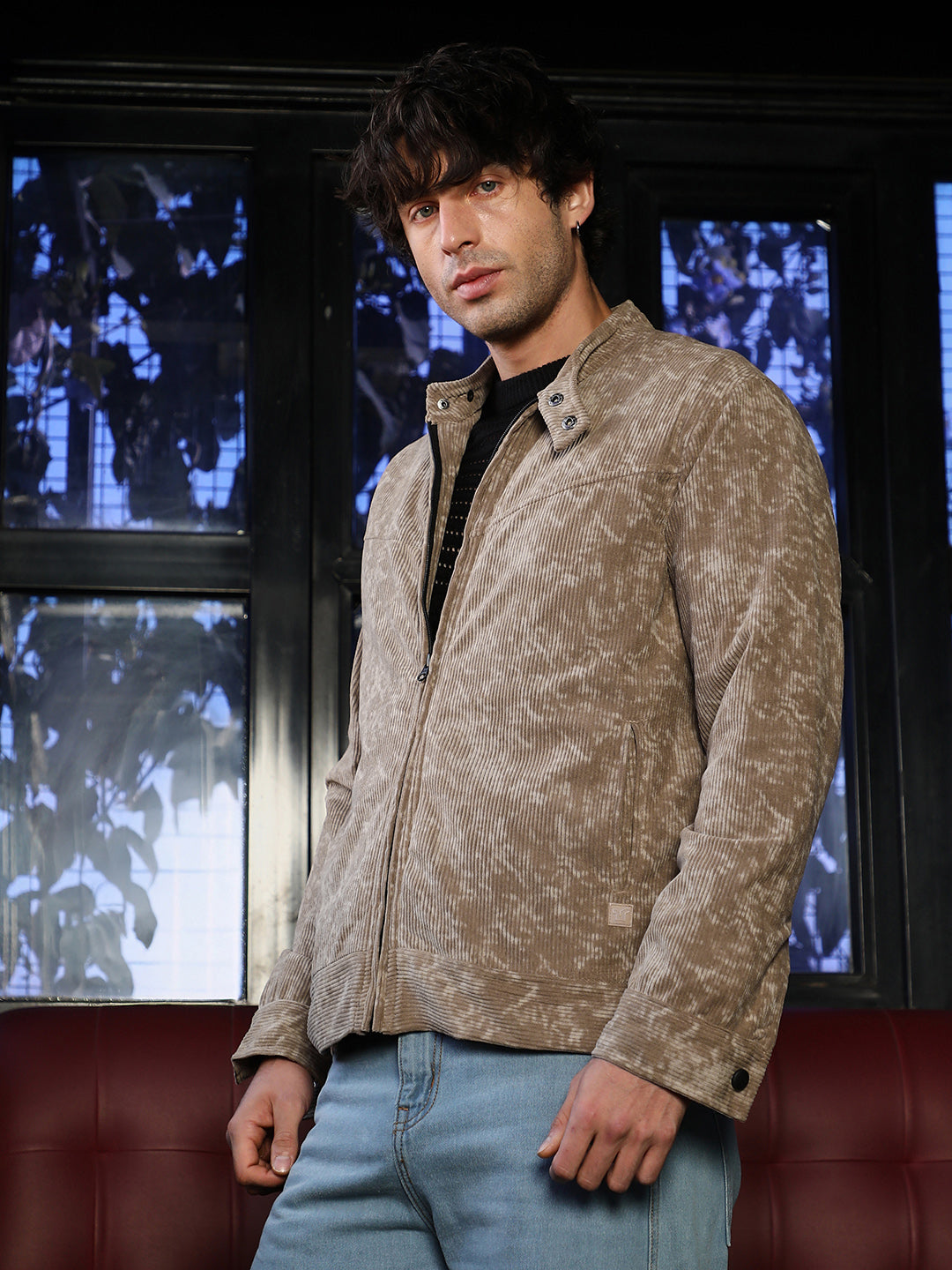 Men Mocha Brown Faded-Corduroy Rider Jacket