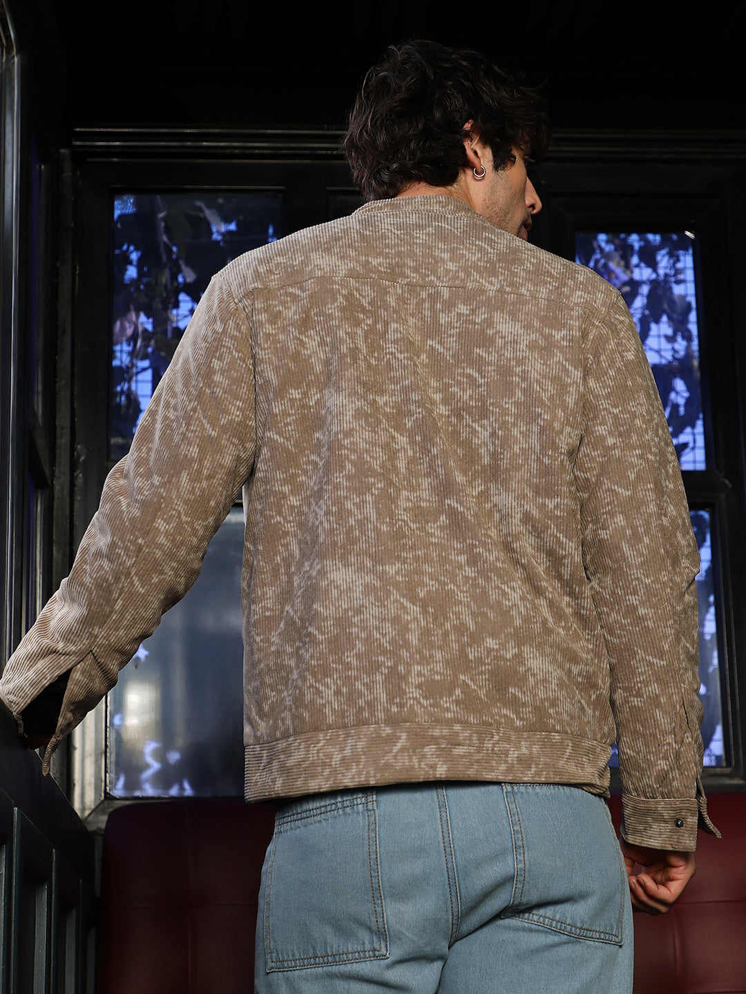 Men Mocha Brown Faded-Corduroy Rider Jacket