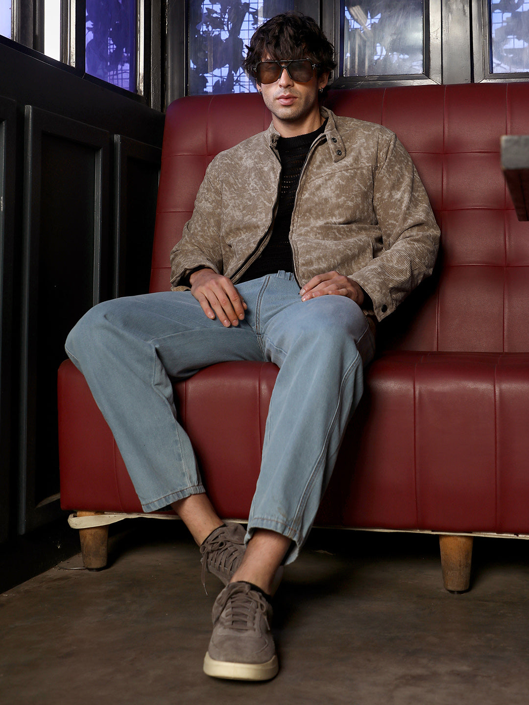 Men Mocha Brown Faded-Corduroy Rider Jacket