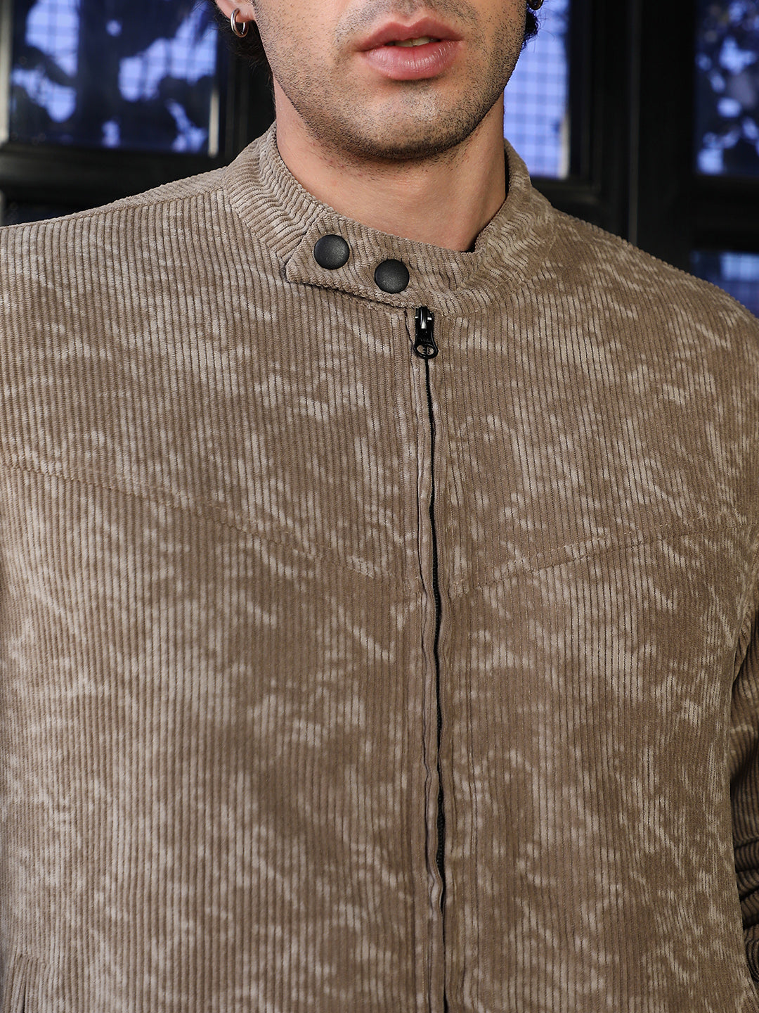 Men Mocha Brown Faded-Corduroy Rider Jacket