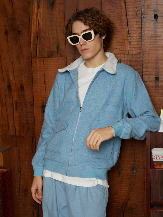 Men Powder Blue Fleece-Lined Zip-Front Jacket