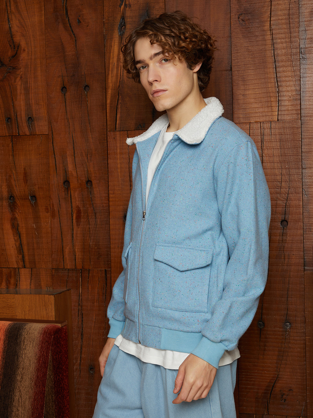 Men Powder Blue Fleece-Lined Zip-Front Jacket