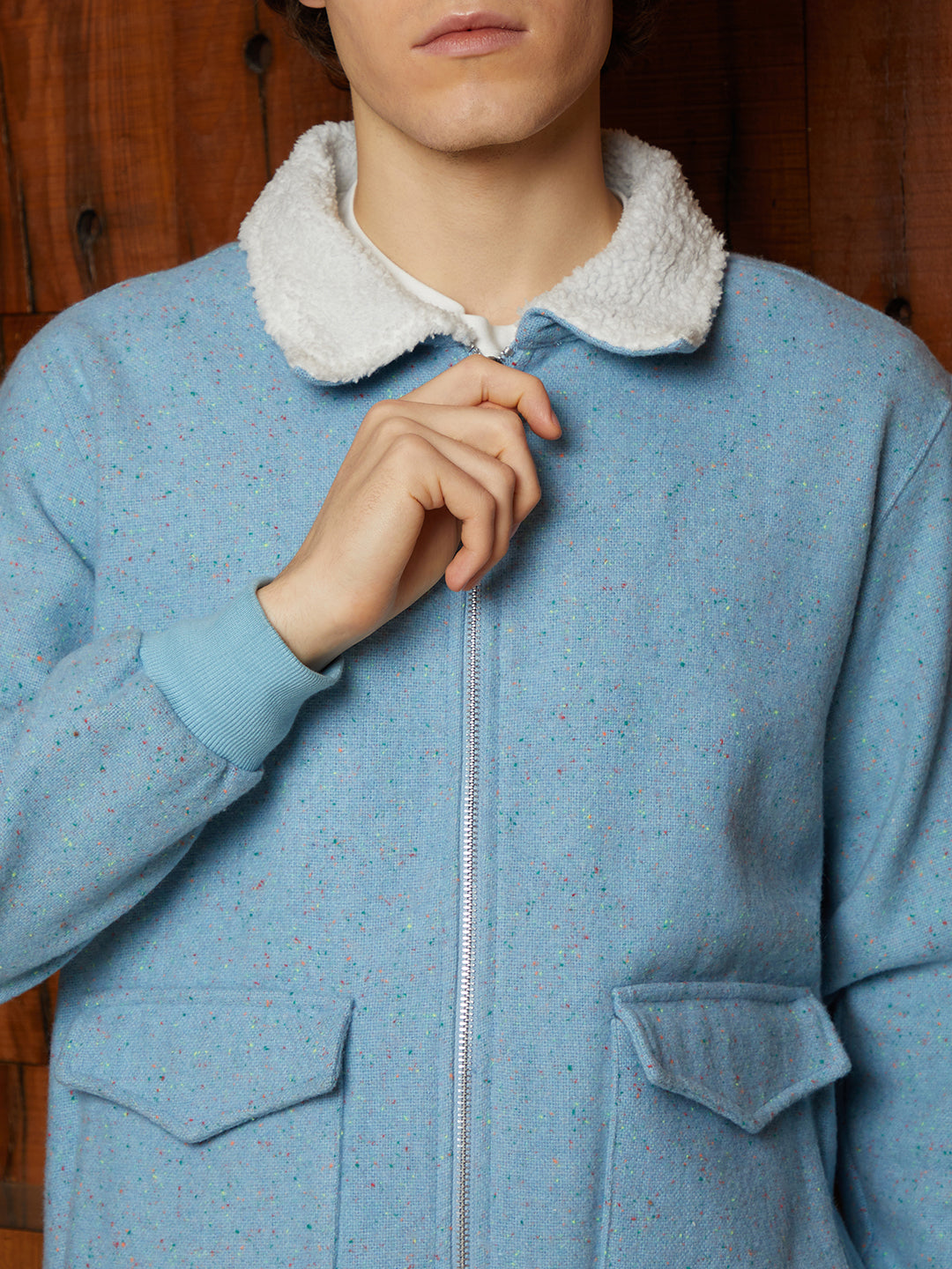 Men Powder Blue Fleece-Lined Zip-Front Jacket