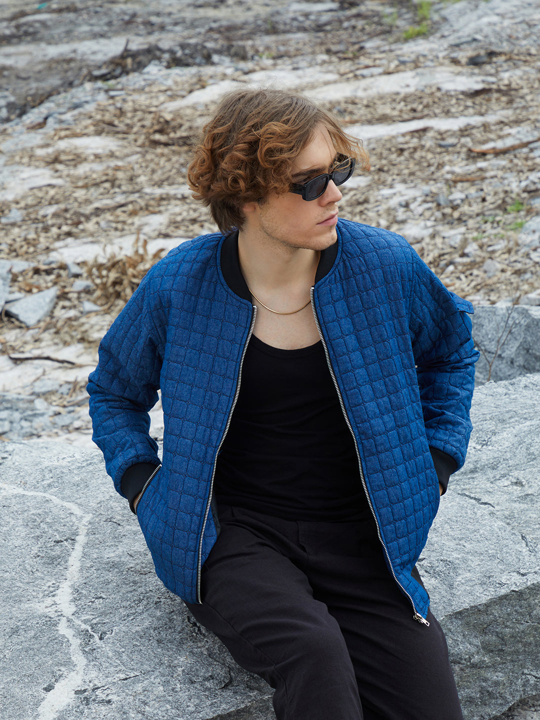 Men Indigo Blue Cubic-Quilted Bomber Jacket