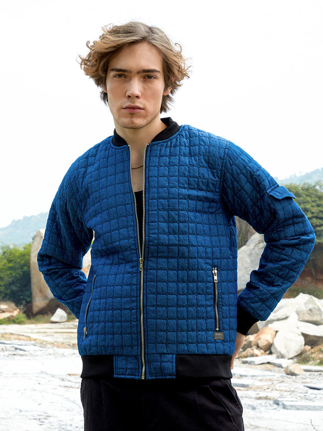 Men Indigo Blue Cubic-Quilted Bomber Jacket