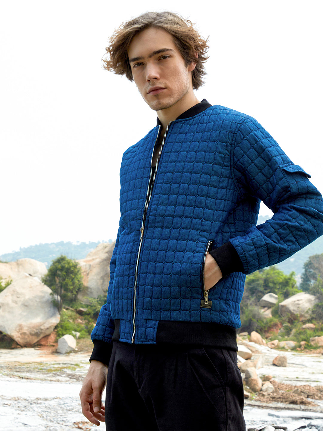 Men Indigo Blue Cubic-Quilted Bomber Jacket