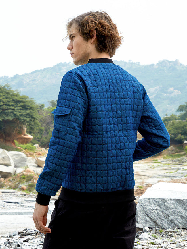 Men Indigo Blue Cubic-Quilted Bomber Jacket