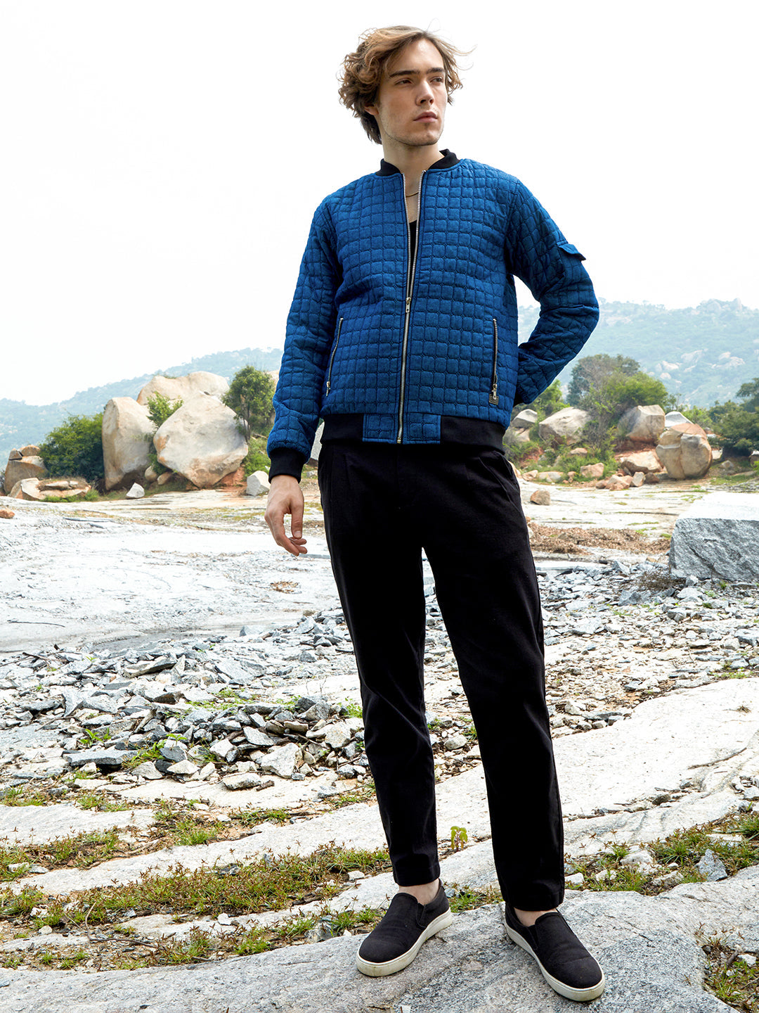 Men Indigo Blue Cubic-Quilted Bomber Jacket