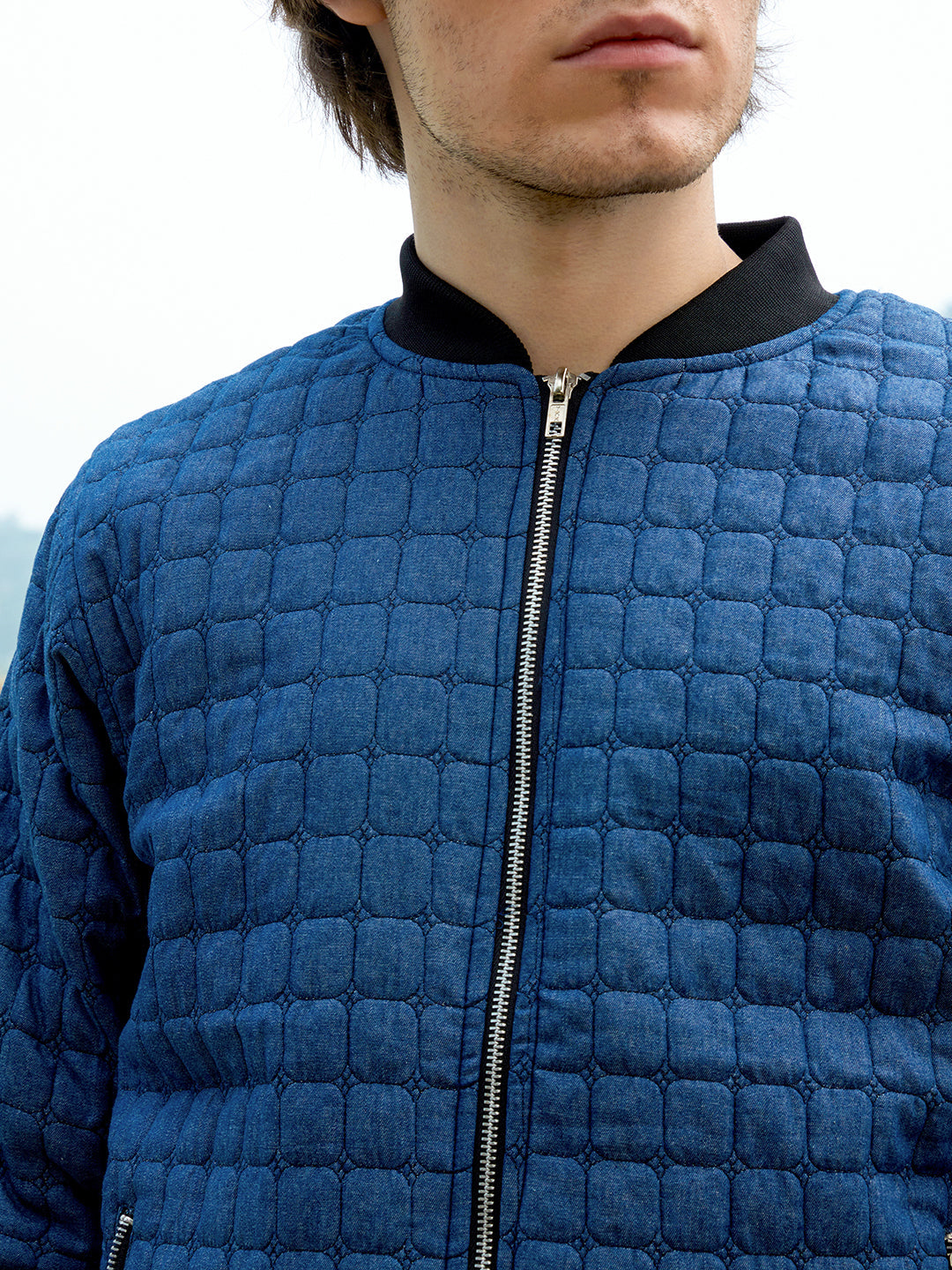 Men Indigo Blue Cubic-Quilted Bomber Jacket