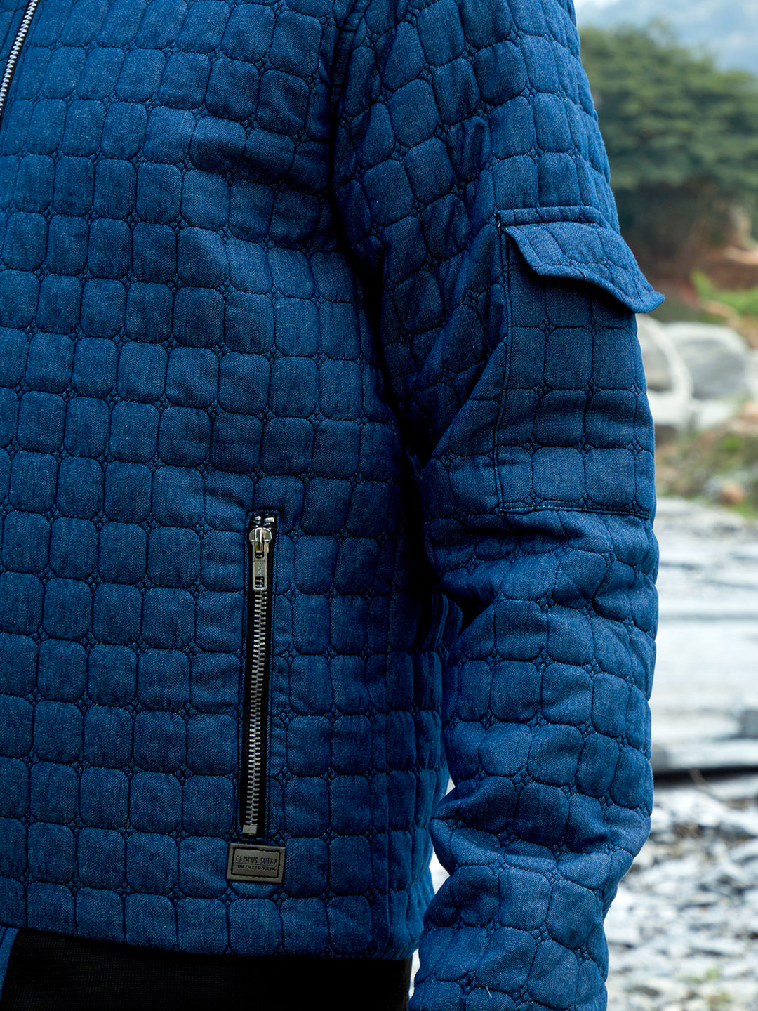 Men Indigo Blue Cubic-Quilted Bomber Jacket