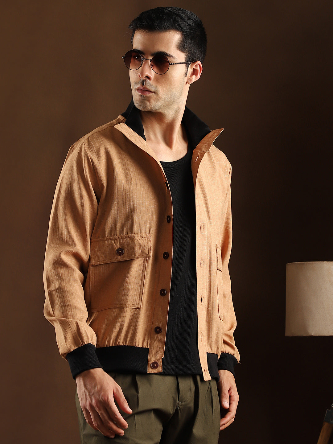 Men Khaki Beige Tactile-Utility Bomber Jacket