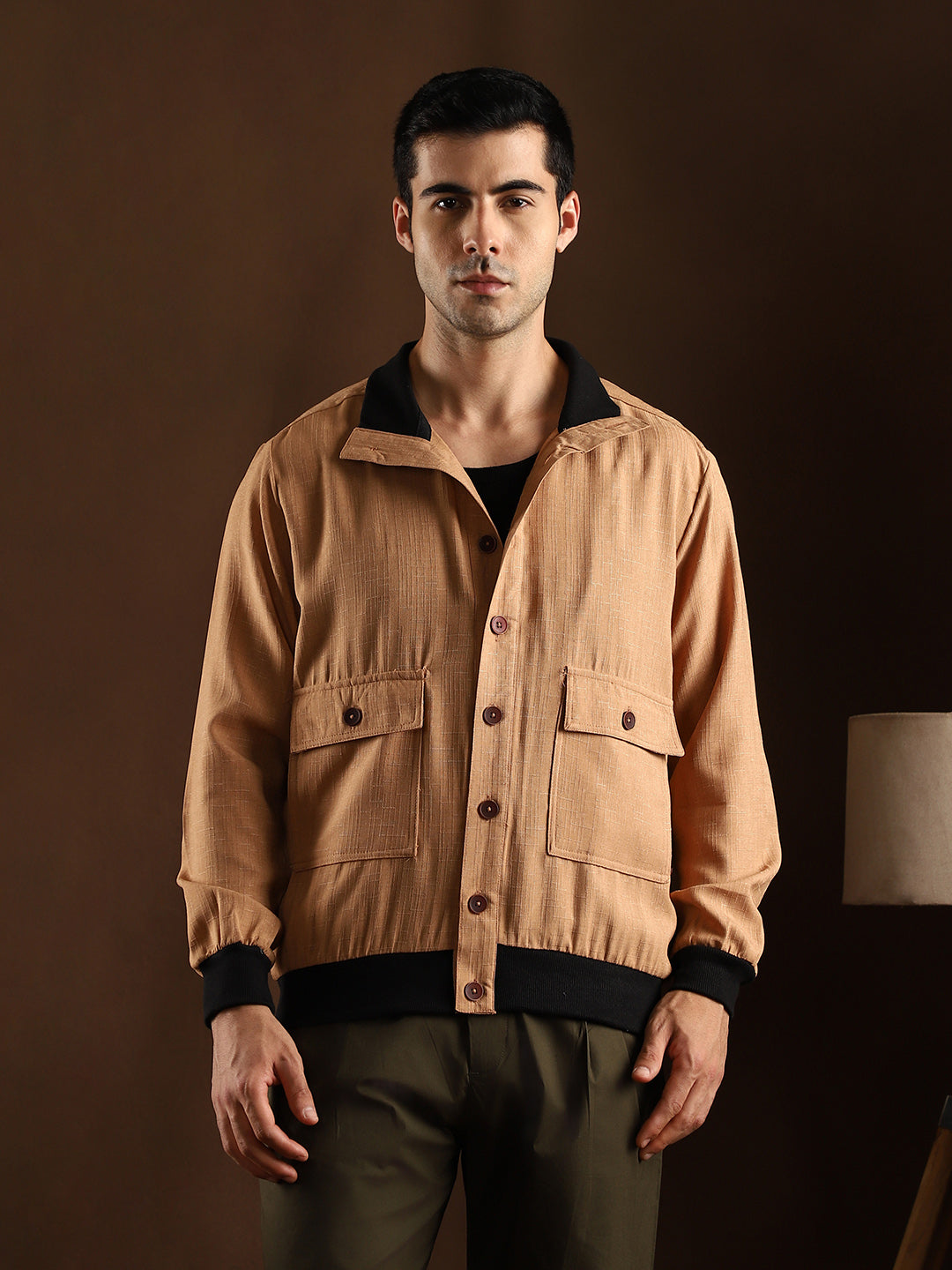 Men Khaki Beige Tactile-Utility Bomber Jacket