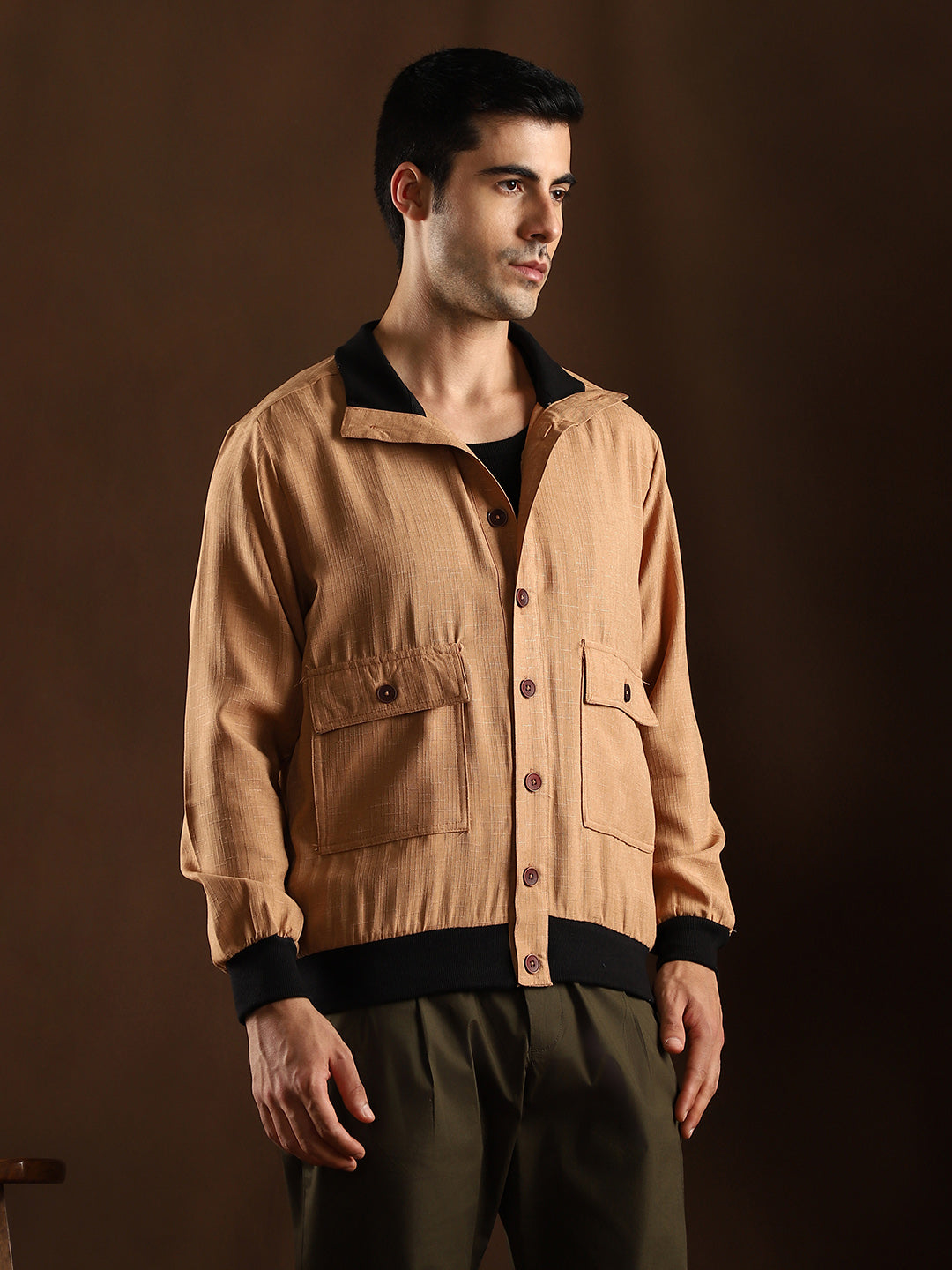 Men Khaki Beige Tactile-Utility Bomber Jacket